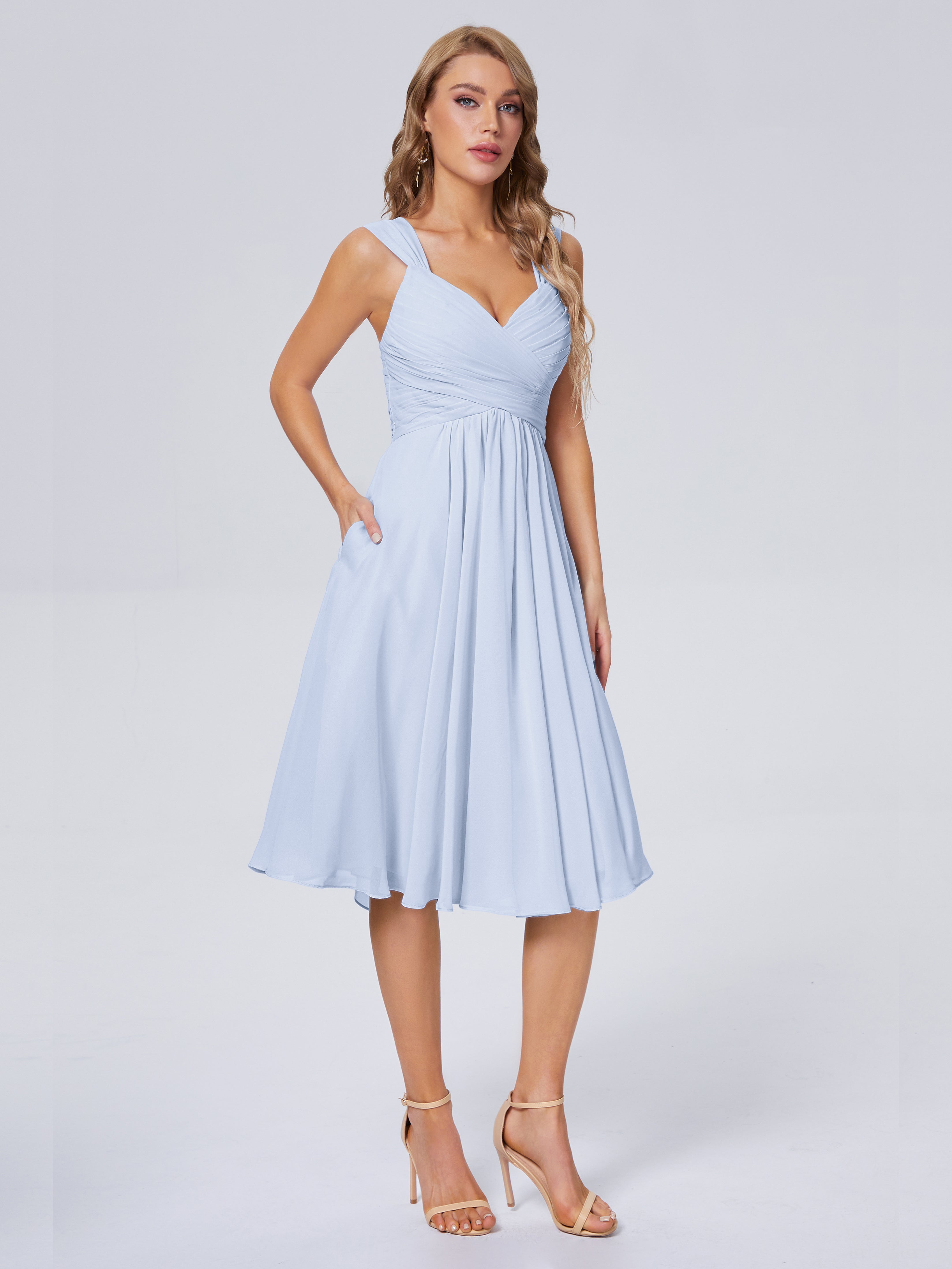 Robe Bleu Ciel Demoiselle D Honneur Abordable Bretelles Courtes Mousseline Robes Demoiselle D'Honneur