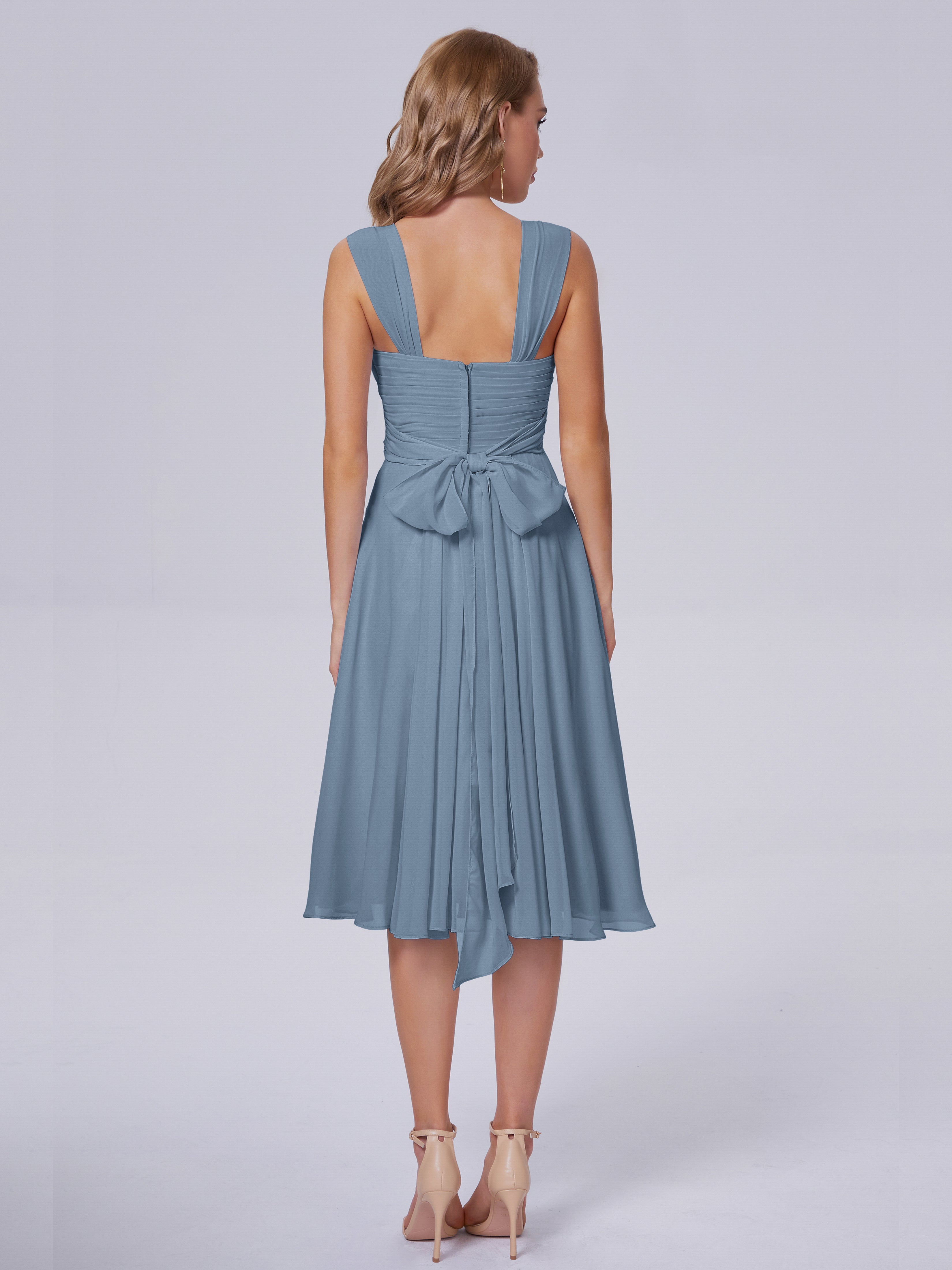 Robes De Demoiselle D'Honneur Bleu De Schiste Abordable Bretelles Courtes Mousseline Robes Demoiselle D'Honneur