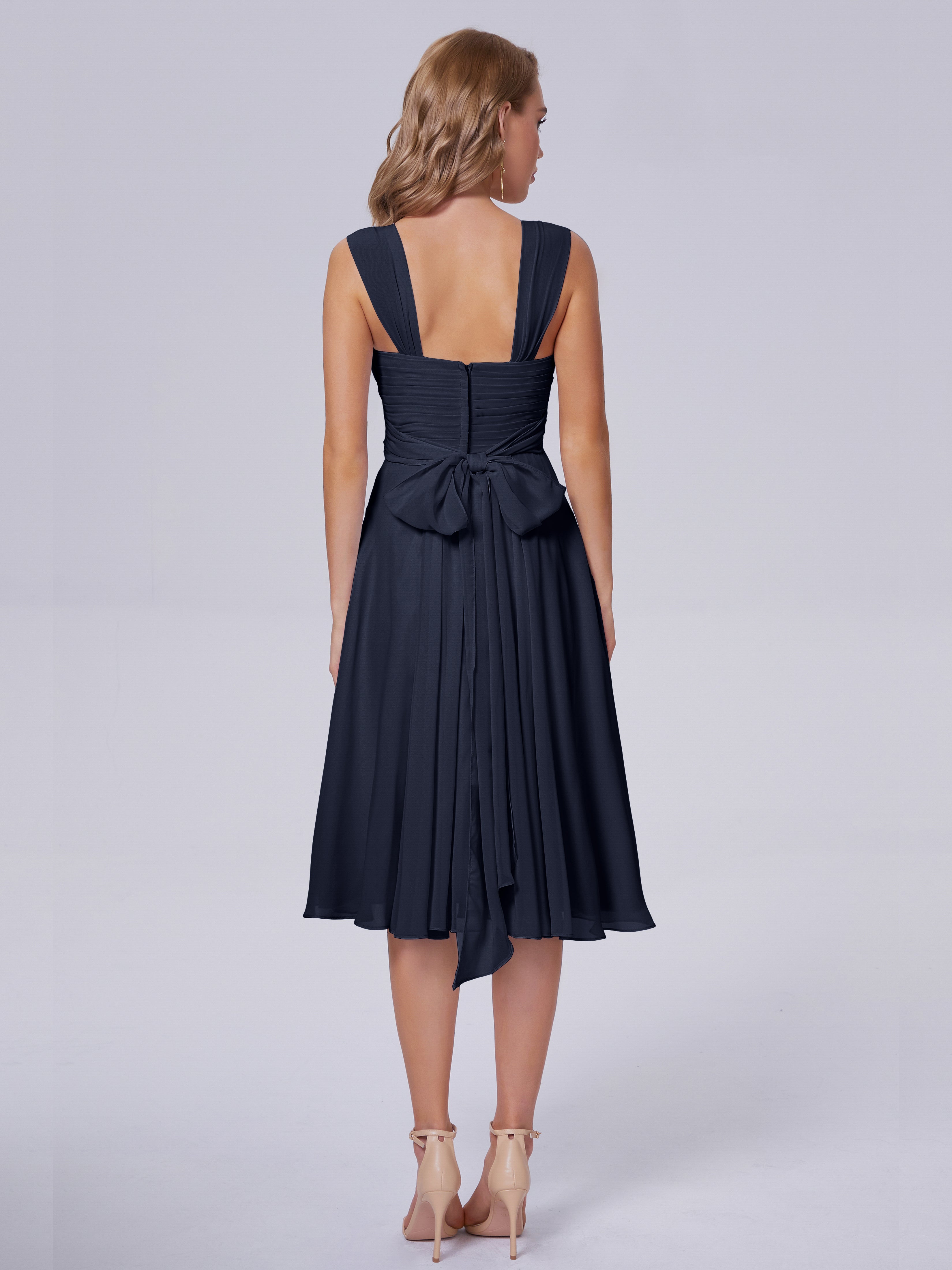 Robe Demoiselle D Honneur Bleu Marine Abordable Bretelles Courtes Mousseline Robes Demoiselle D'Honneur