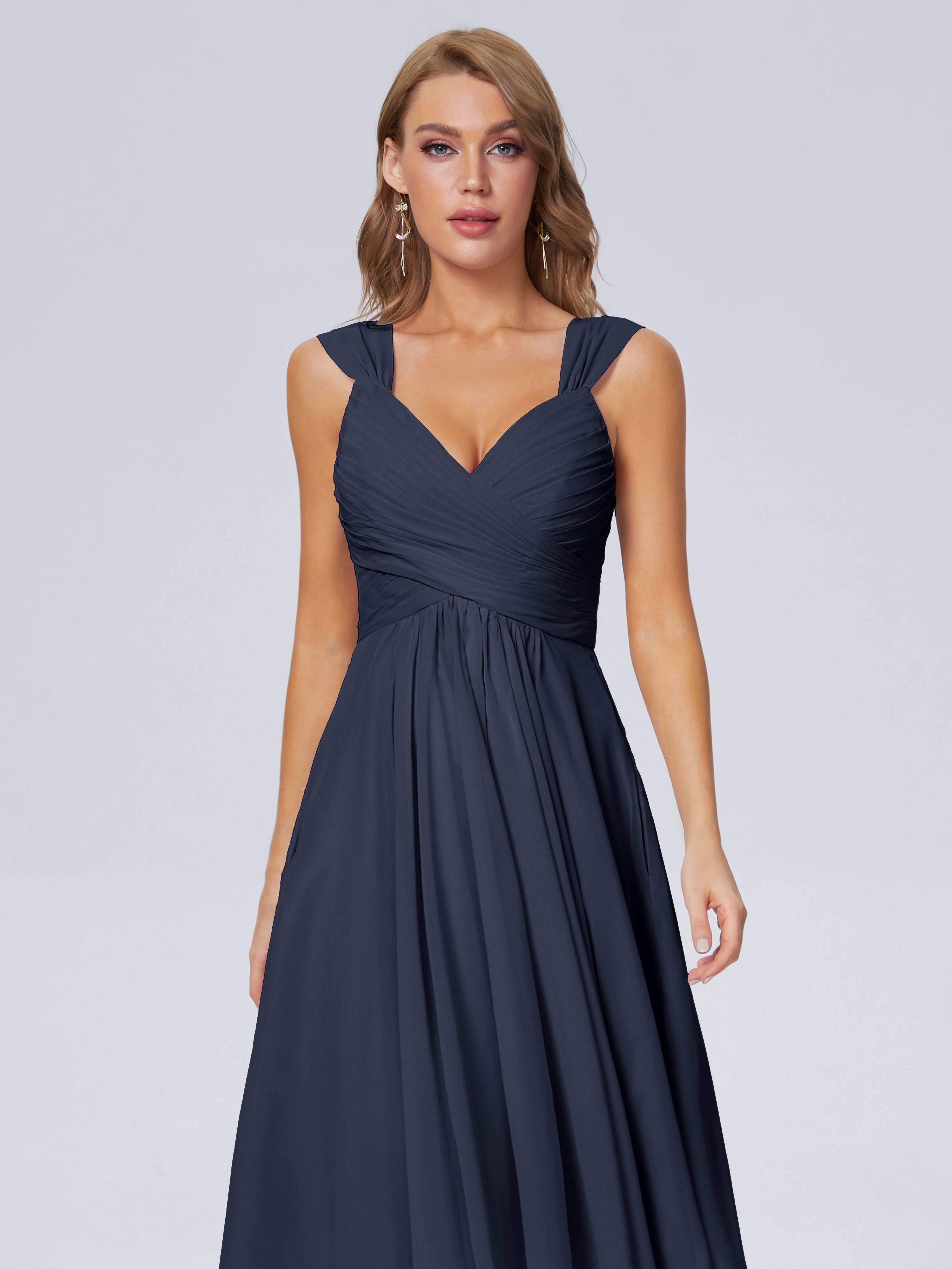Robe Demoiselle D Honneur Bleu Marine Abordable Bretelles Courtes Mousseline Robes Demoiselle D'Honneur