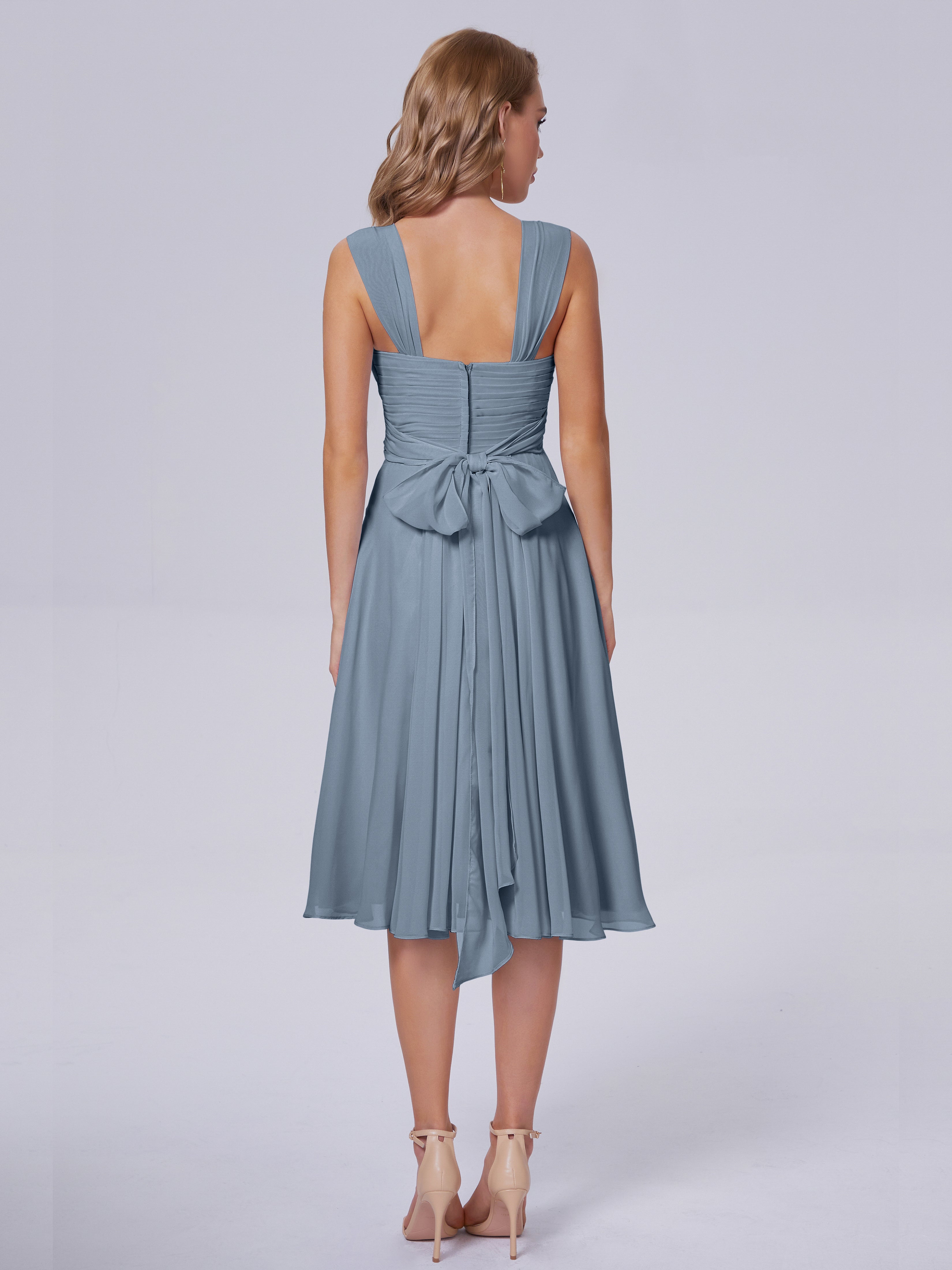 Robes De Demoiselle D'Honneur Bleu Poussiéreux Abordable Bretelles Courtes Mousseline Robes Demoiselle D'Honneur