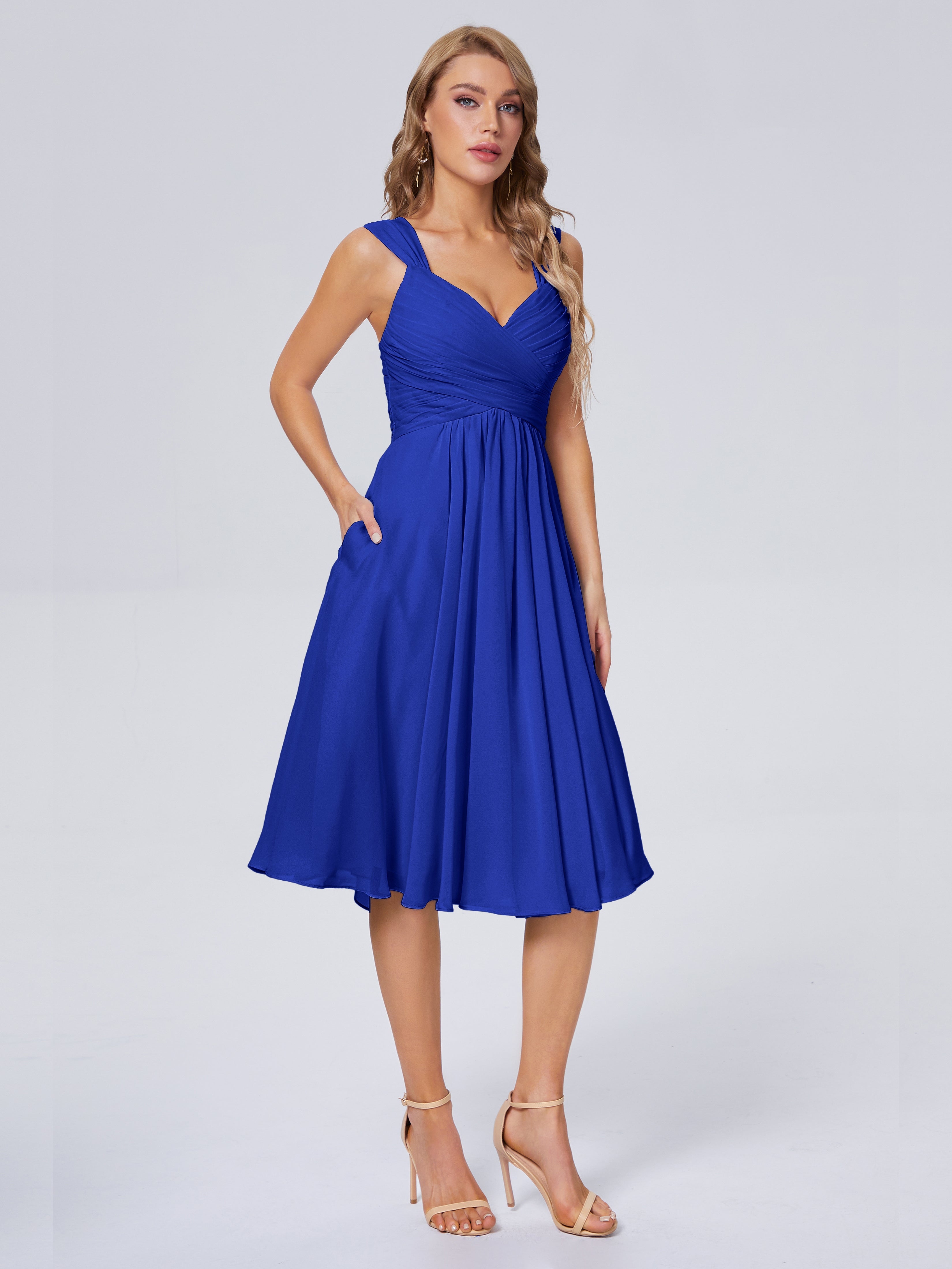 Robe Demoiselle D Honneur Bleue Roi Abordable Bretelles Courtes Mousseline Robes Demoiselle D'Honneur