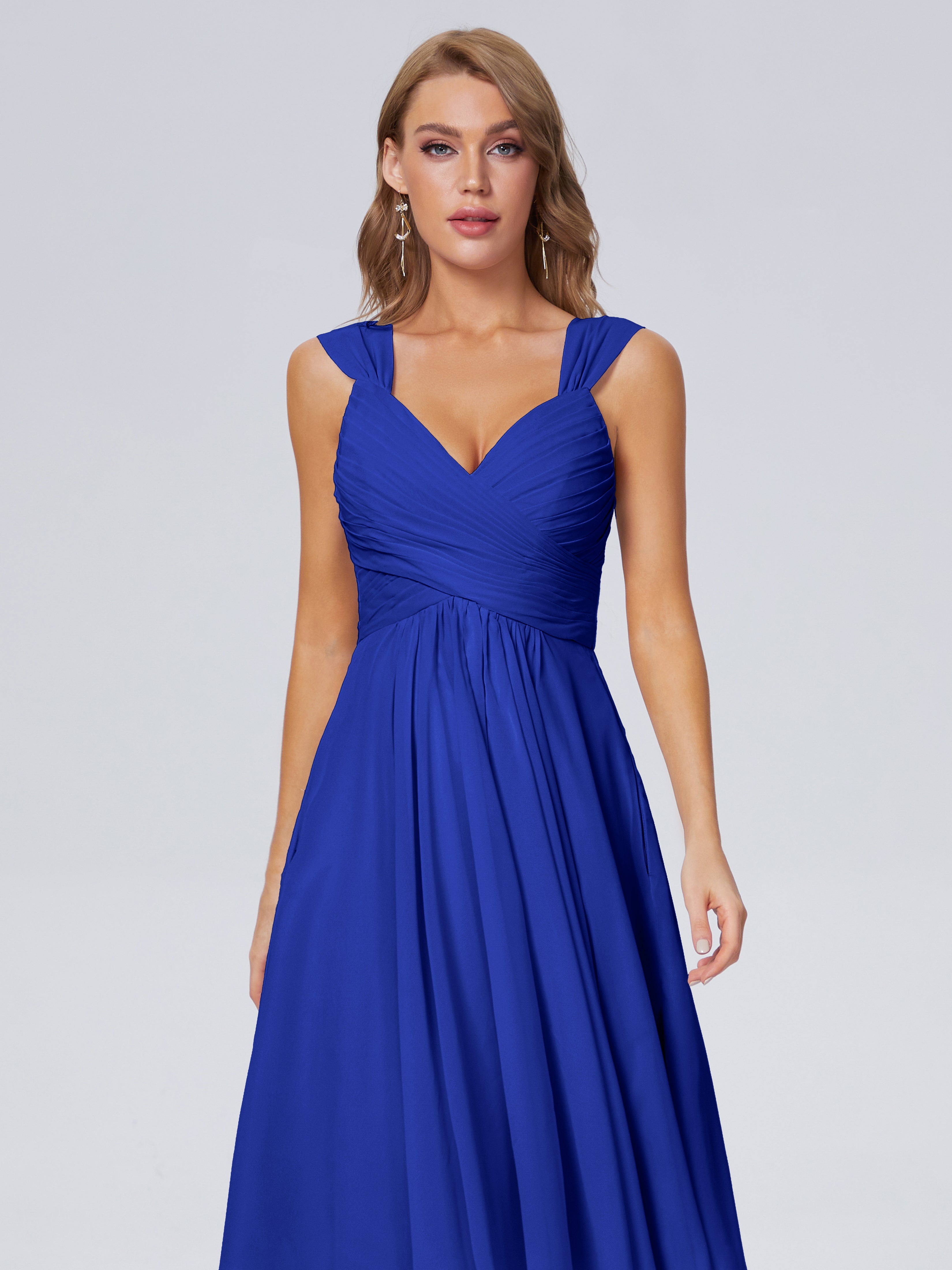 Robe Demoiselle D Honneur Bleue Roi Abordable Bretelles Courtes Mousseline Robes Demoiselle D'Honneur