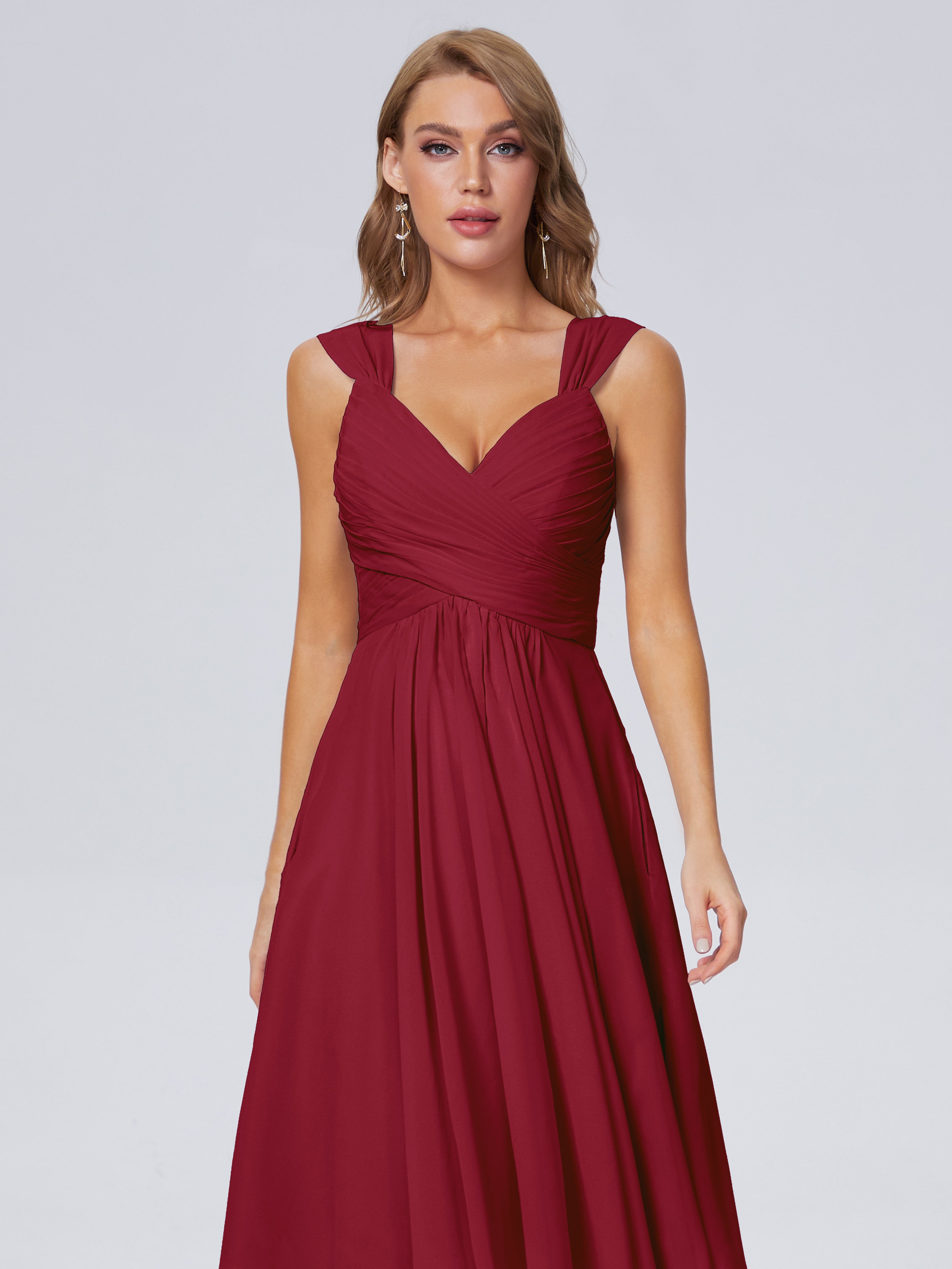 Robe Demoiselle D Honneur Rouge Bordeaux Abordable Bretelles Courtes Mousseline Robes Demoiselle D'Honneur