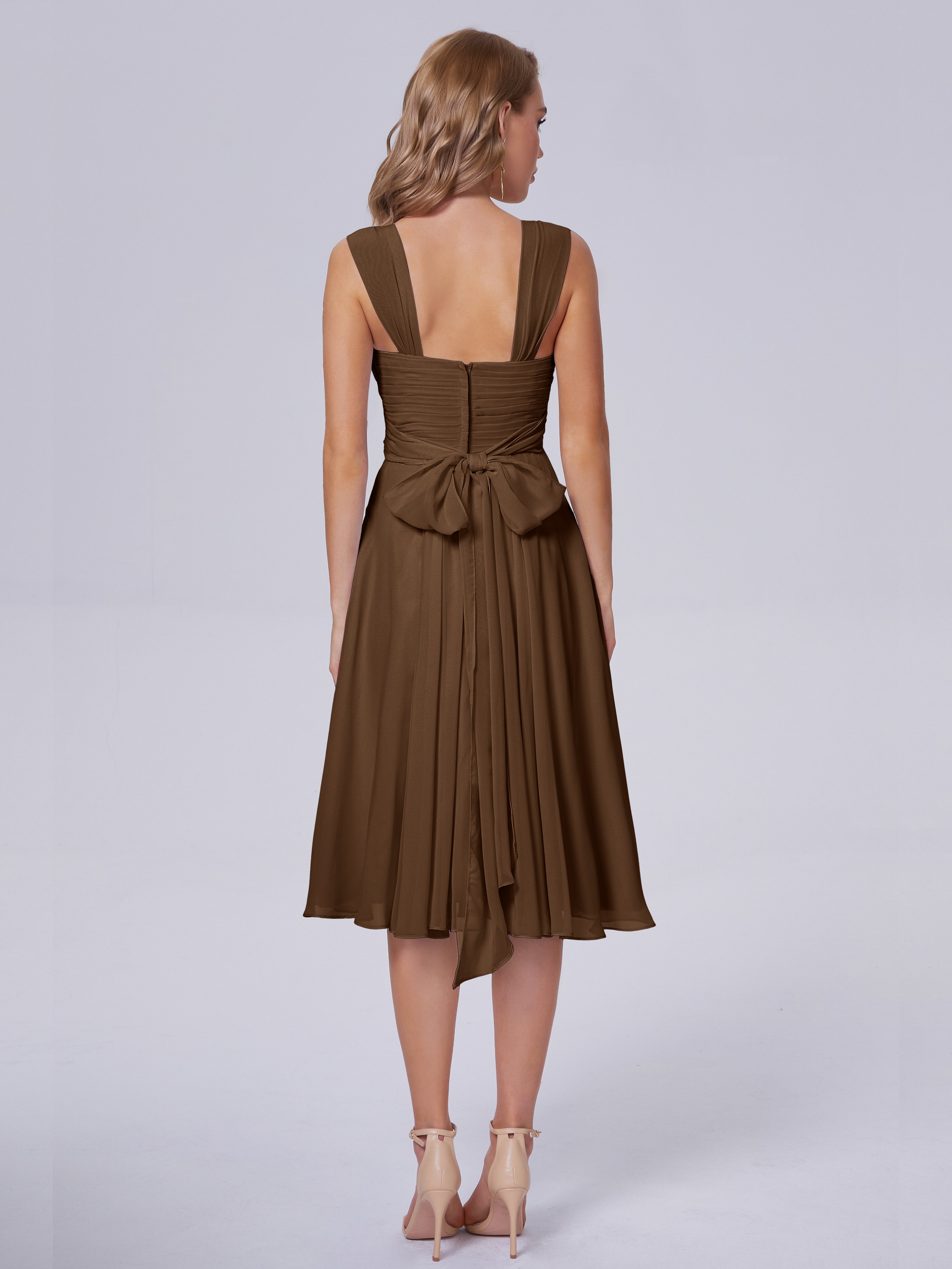Robe Demoiselle D Honneur Brun Abordable Bretelles Courtes Mousseline Robes Demoiselle D'Honneur