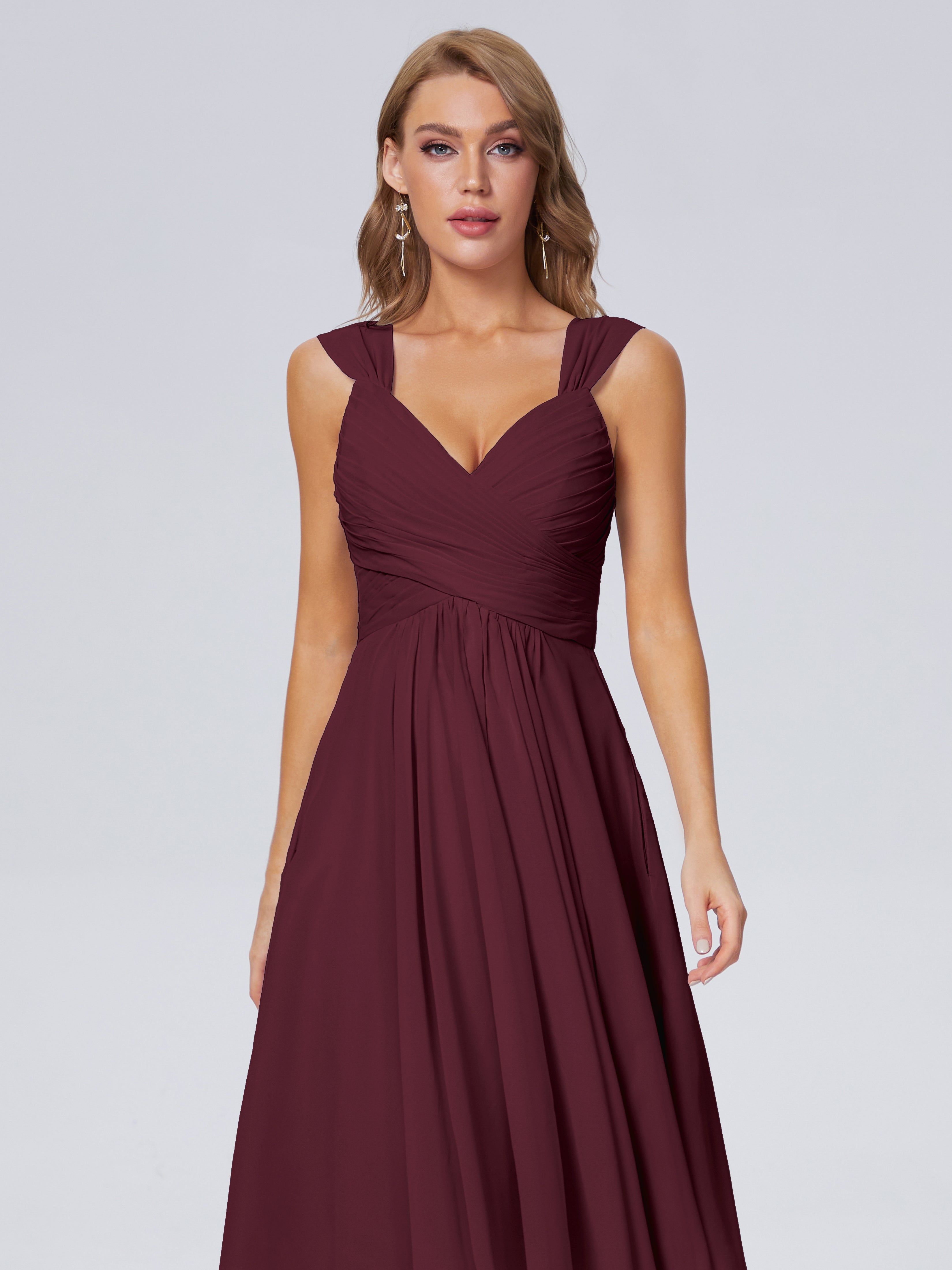 Robes De Demoiselle D'Honneur Cabernet Abordable Bretelles Courtes Mousseline Robes Demoiselle D'Honneur