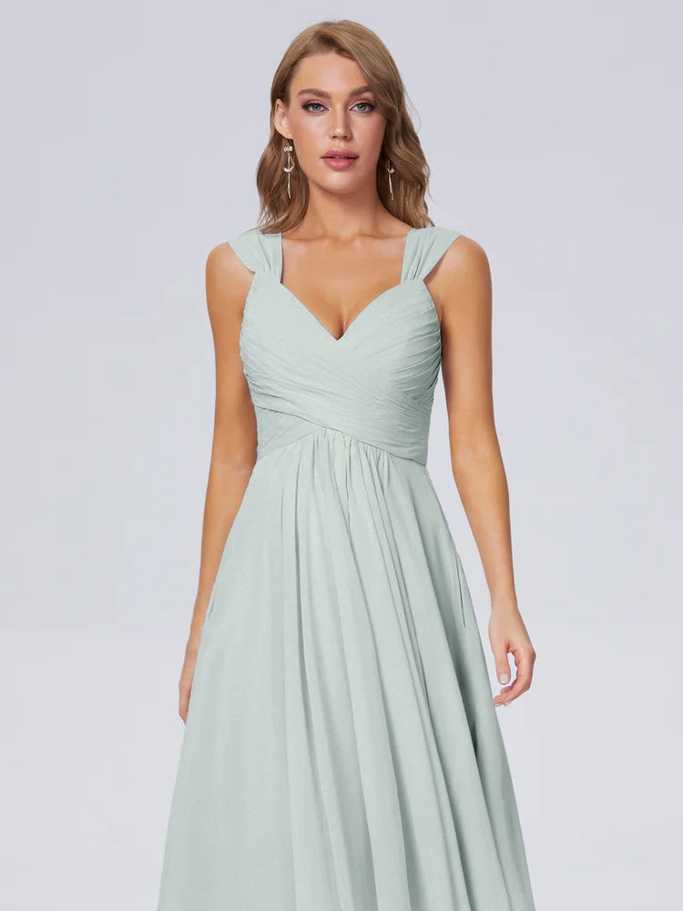 Robes De Demoiselle D'Honneur Celadon Abordable Bretelles Courtes Mousseline Robes Demoiselle D'Honneur