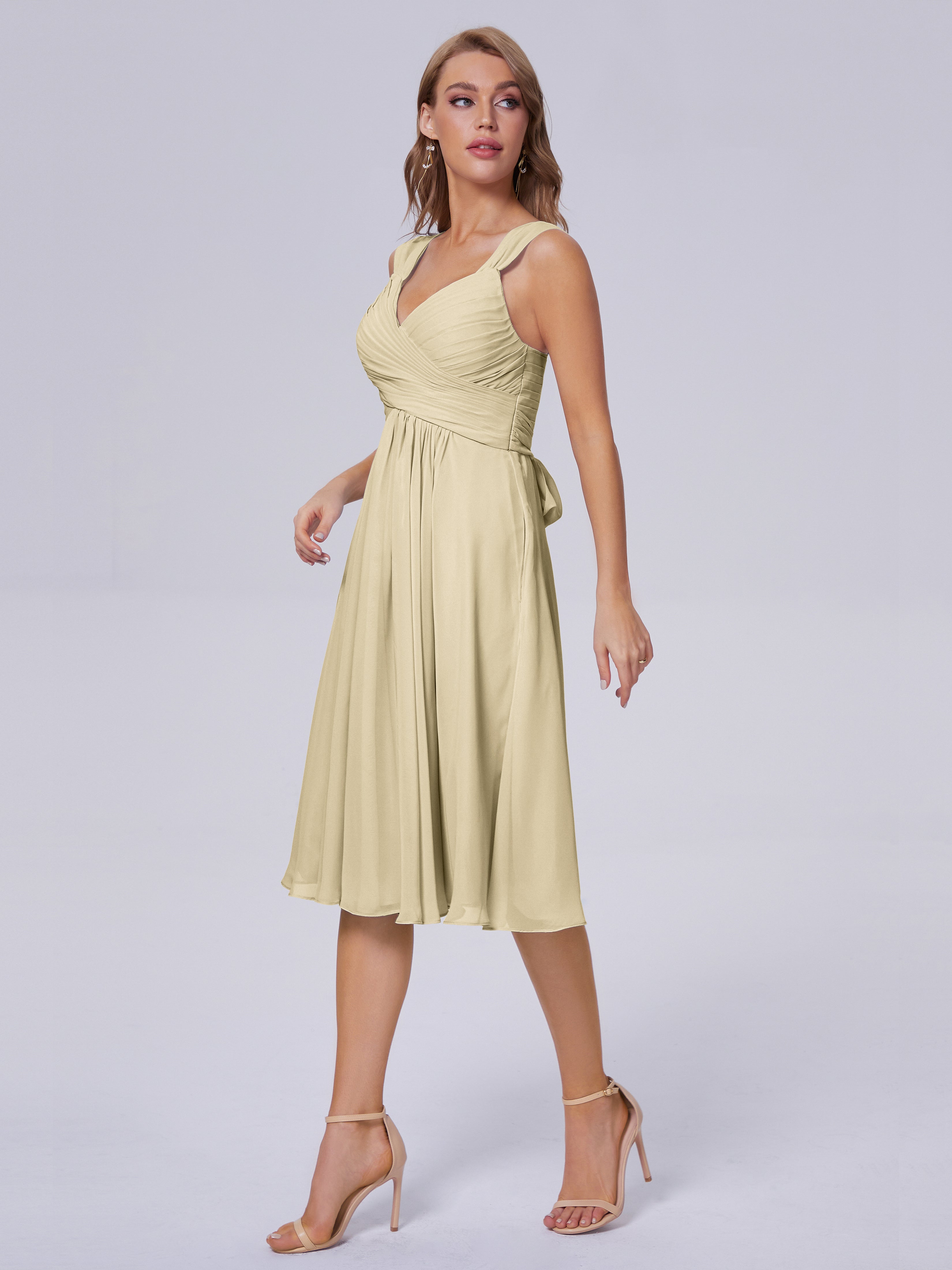 Robe Couleur Champagne Demoiselle D Honneur Abordable Bretelles Courtes Mousseline Robes Demoiselle D'Honneur