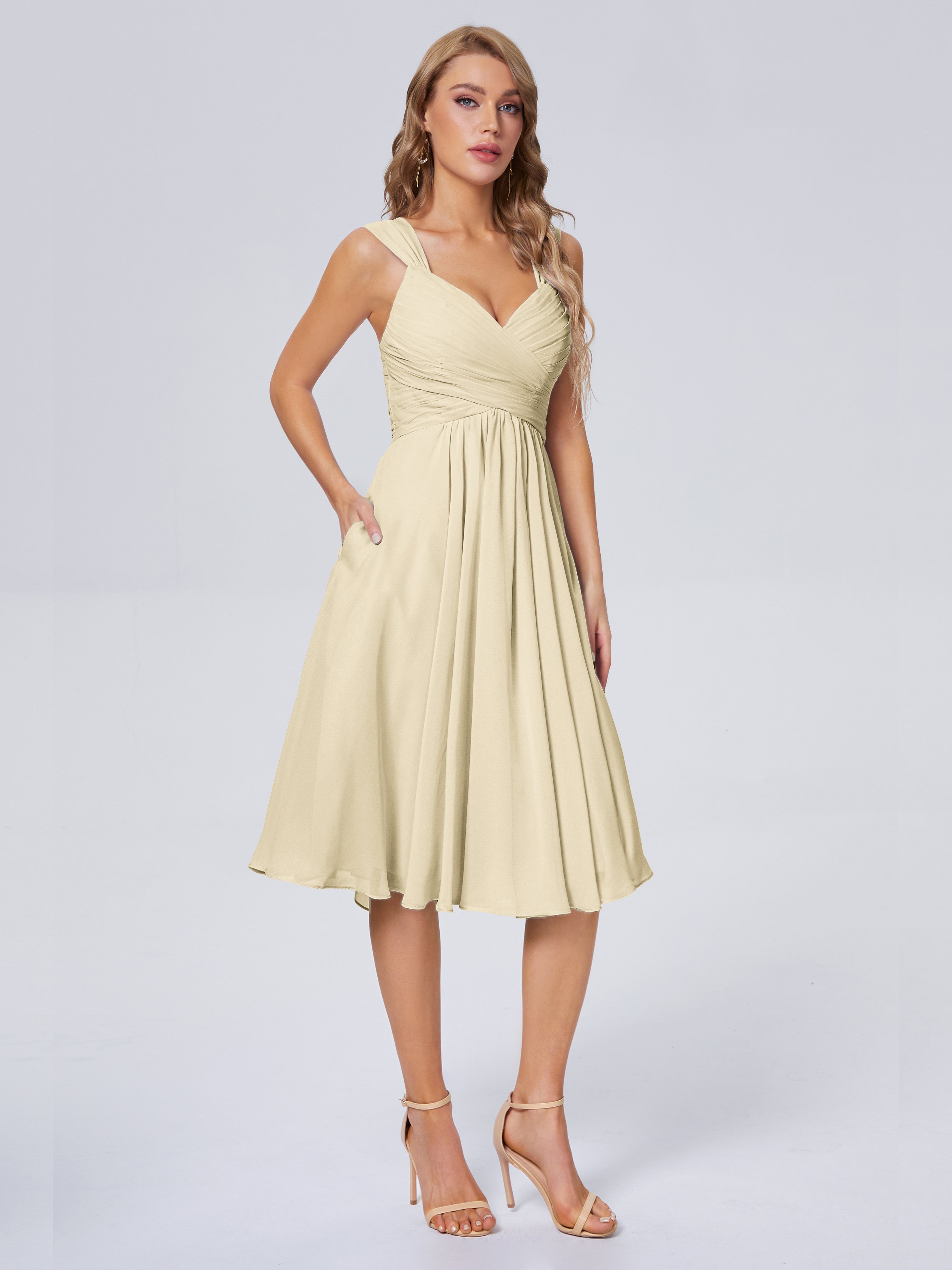 Robe Couleur Champagne Demoiselle D Honneur Abordable Bretelles Courtes Mousseline Robes Demoiselle D'Honneur