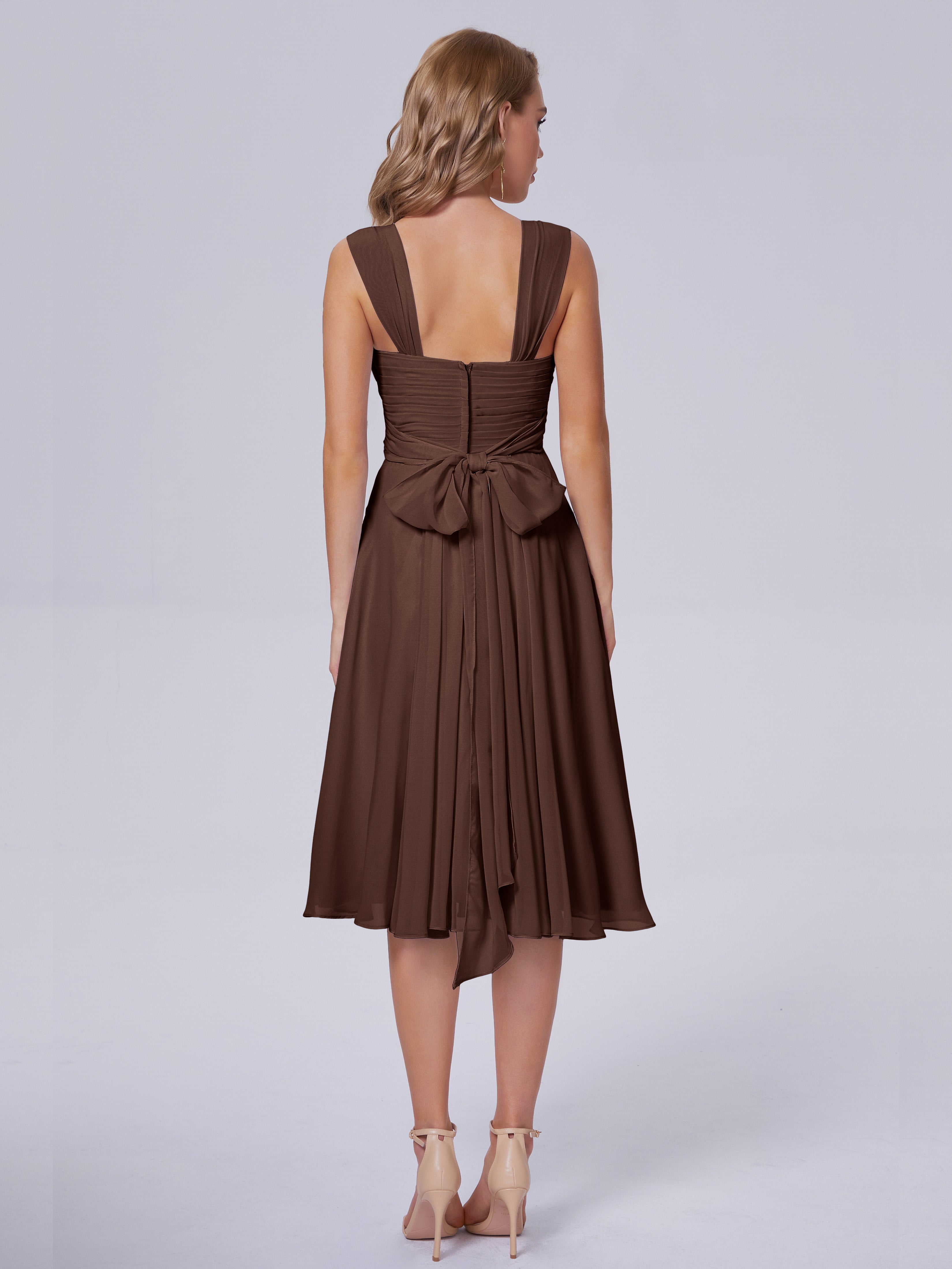 Robe Chocolat Demoiselle D Honneur Abordable Bretelles Courtes Mousseline Robes Demoiselle D'Honneur