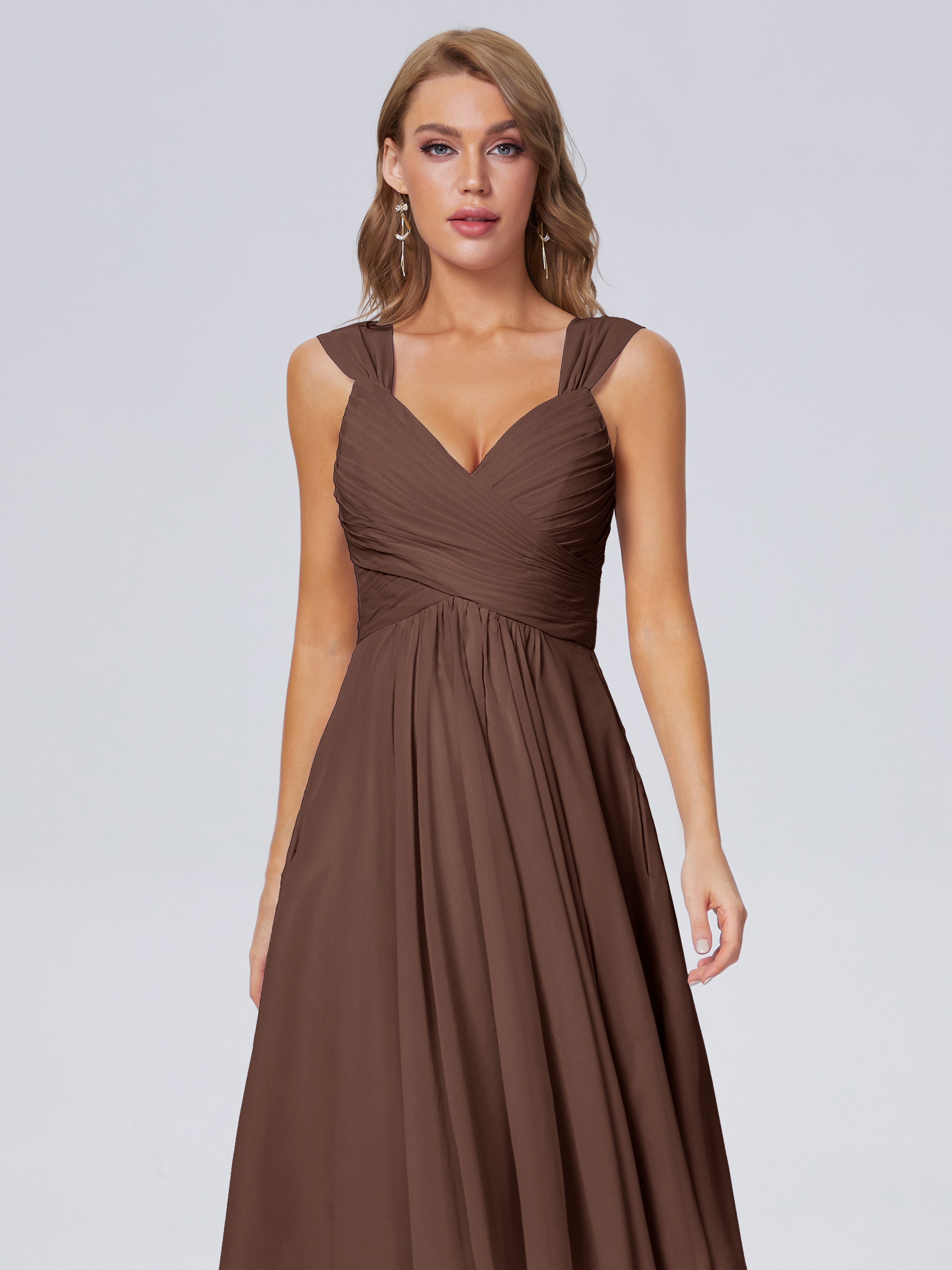 Robe Chocolat Demoiselle D Honneur Abordable Bretelles Courtes Mousseline Robes Demoiselle D'Honneur