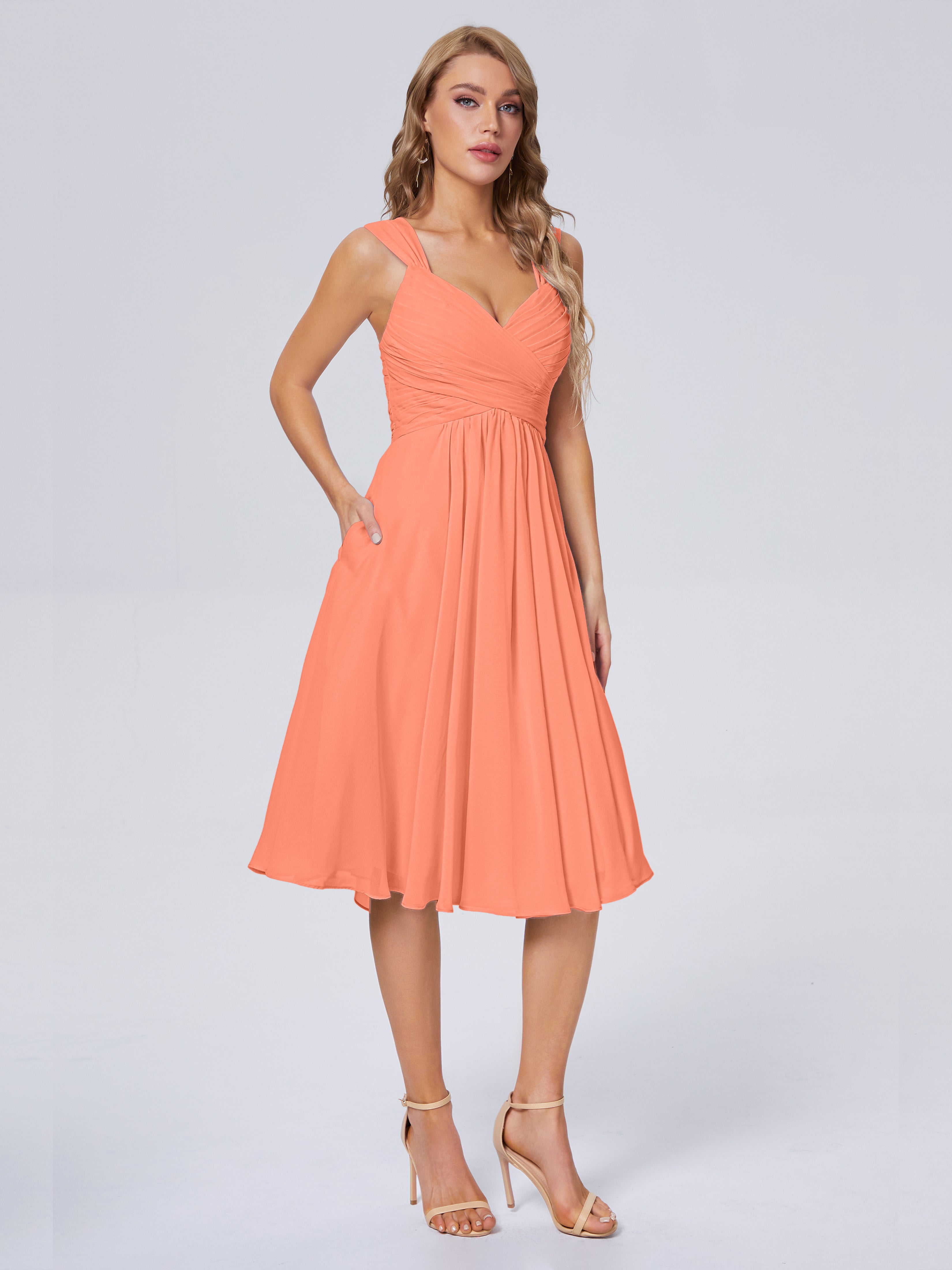 Robes De Demoiselle D'Honneur Coucher De Soleil Abordable Bretelles Courtes Mousseline Robes Demoiselle D'Honneur