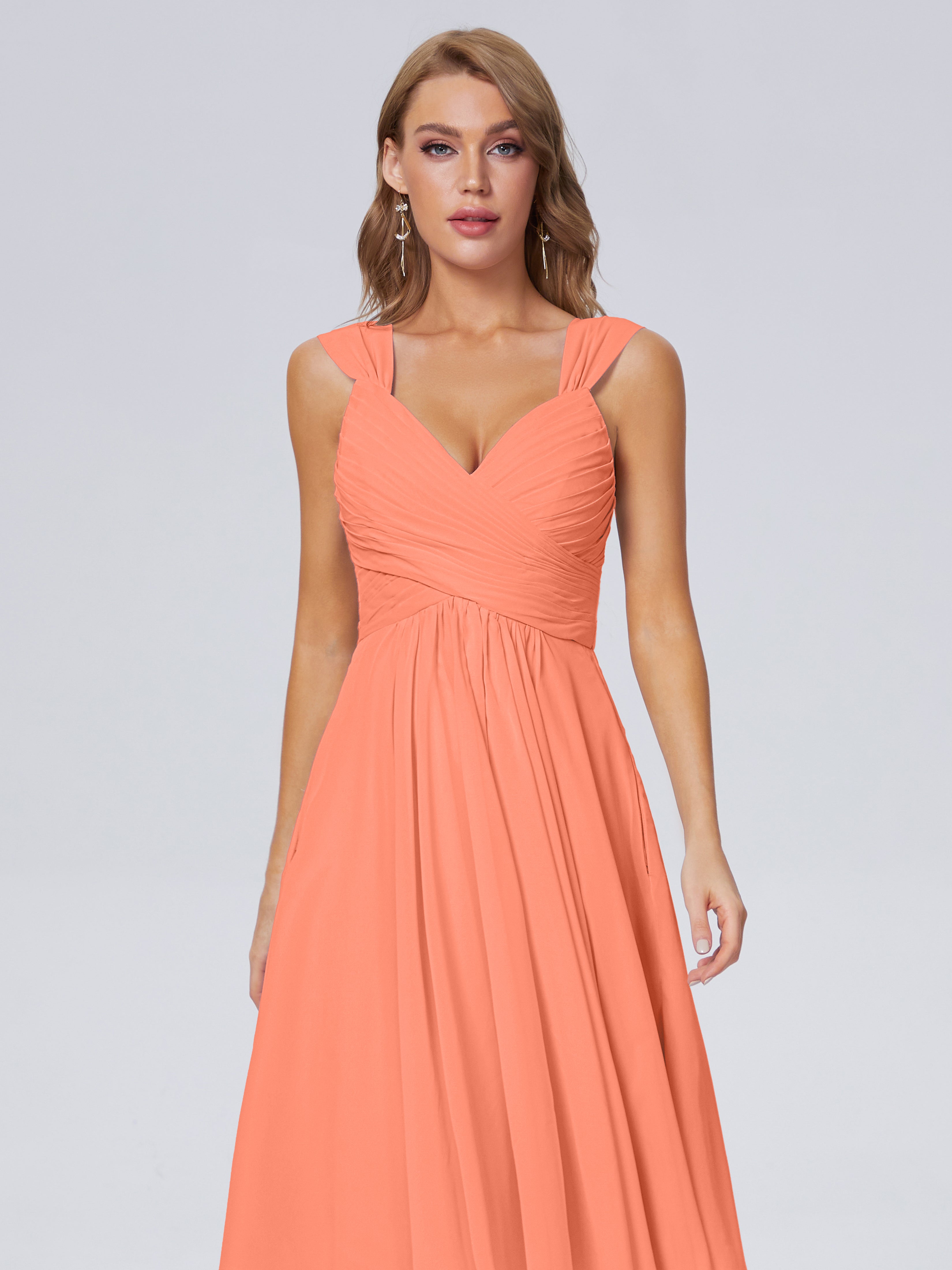 Robes De Demoiselle D'Honneur Coucher De Soleil Abordable Bretelles Courtes Mousseline Robes Demoiselle D'Honneur