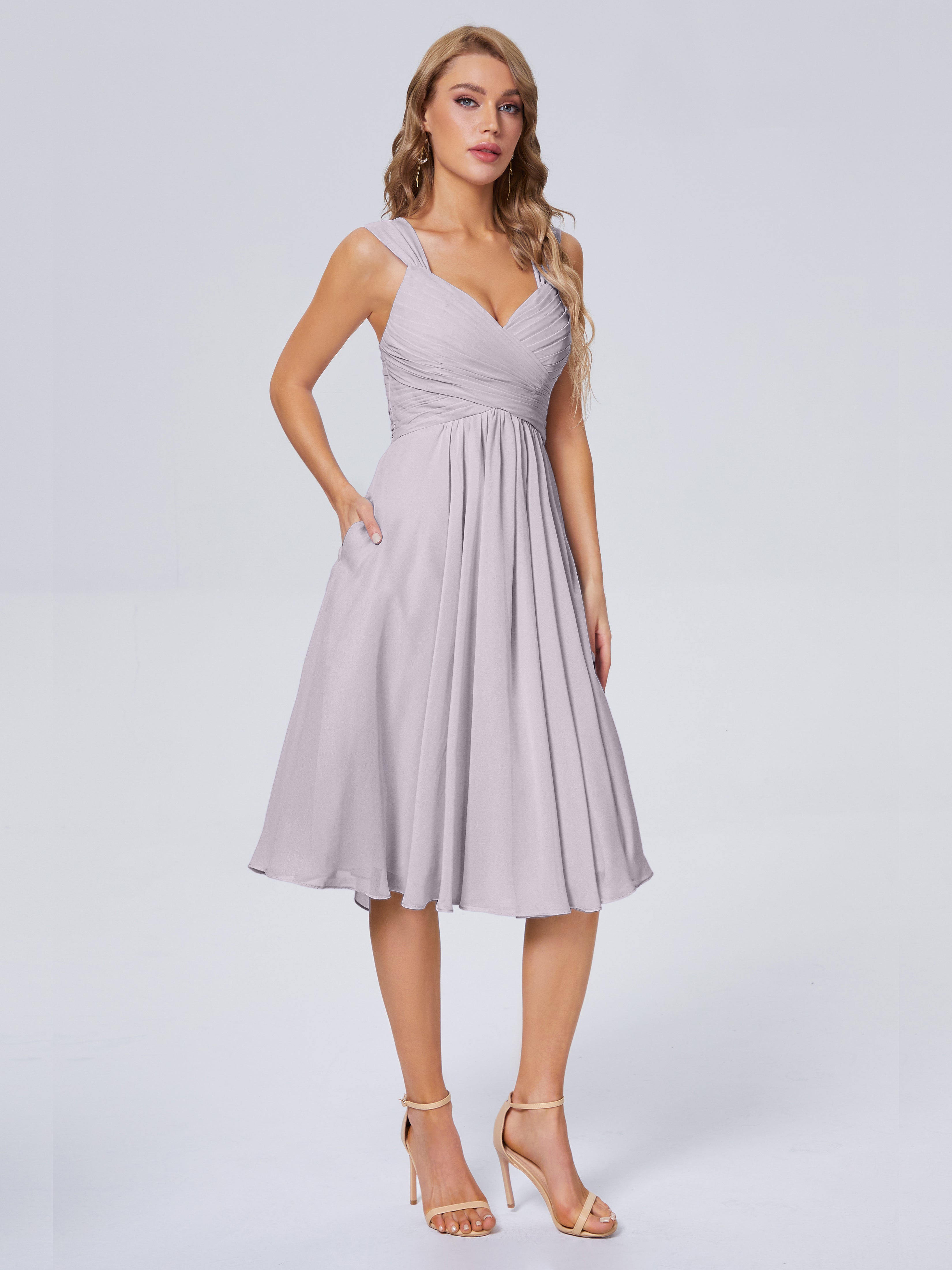 Robes De Demoiselle D'Honneur Couleur Crépuscule Abordable Bretelles Courtes Mousseline Robes Demoiselle D'Honneur