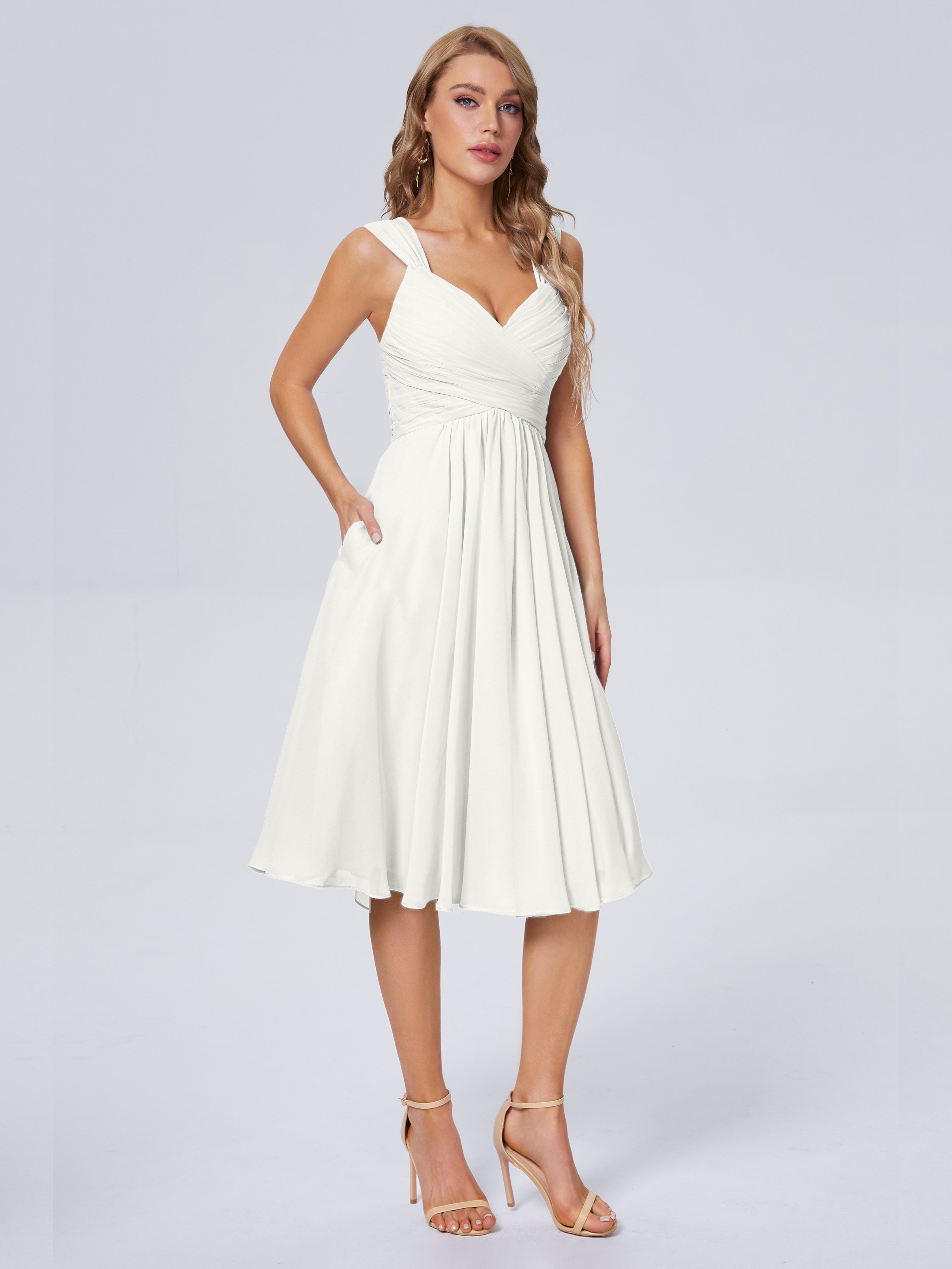 Robe Demoiselle D Honneur Ivoire Abordable Bretelles Courtes Mousseline Robes Demoiselle D'Honneur