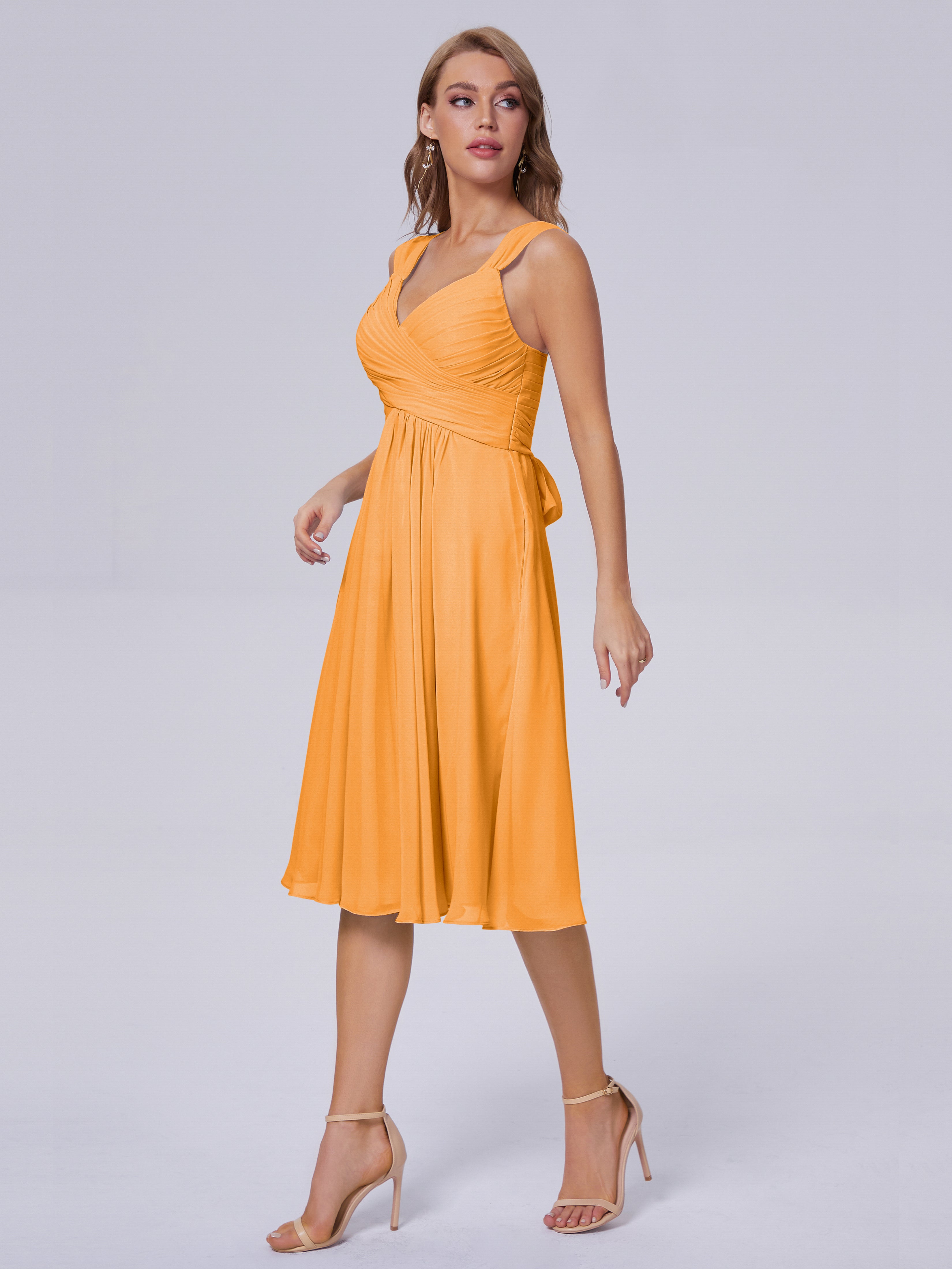 Robes De Demoiselle D'Honneur Mandarine Abordable Bretelles Courtes Mousseline Robes Demoiselle D'Honneur