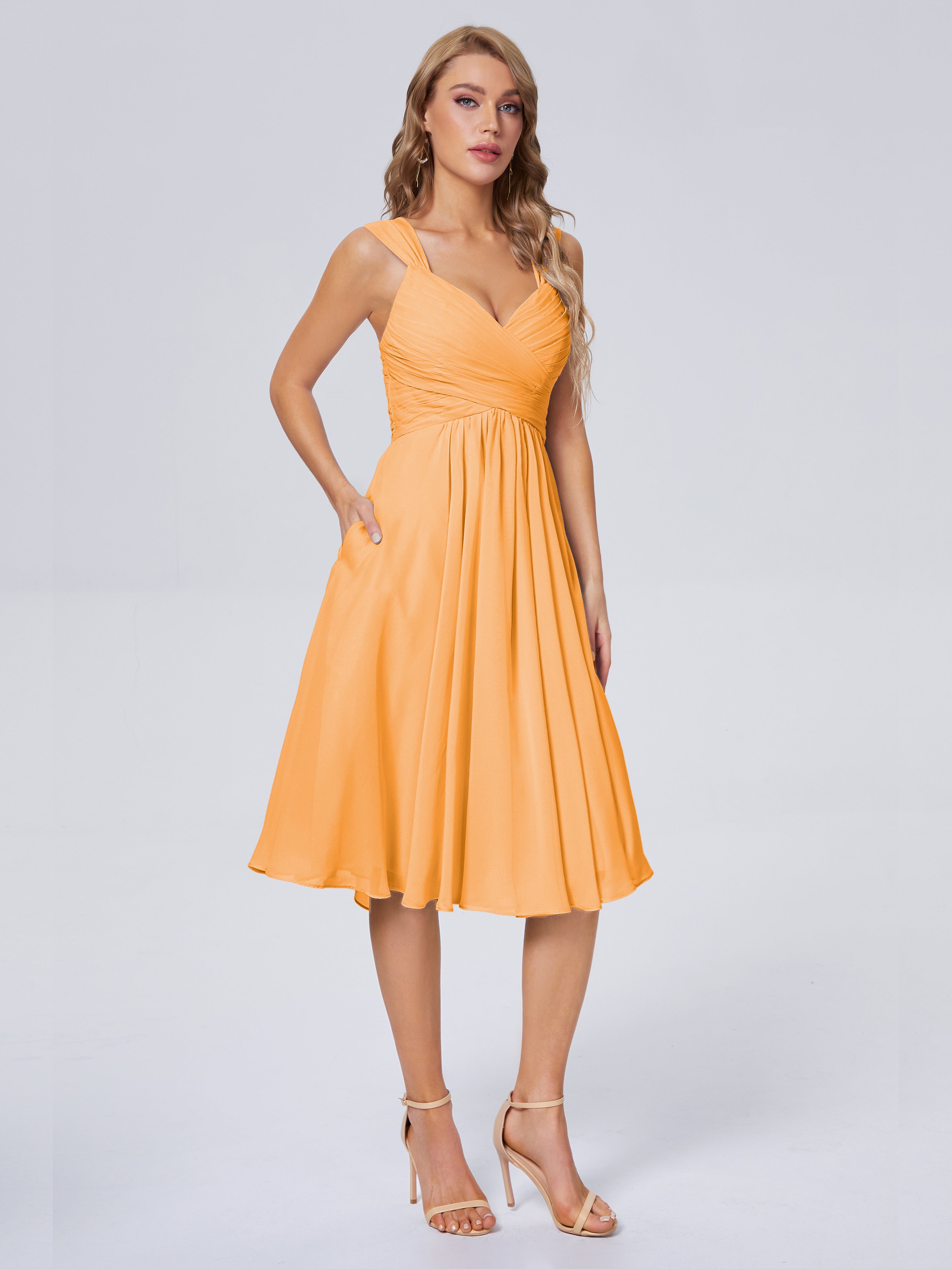 Robes De Demoiselle D'Honneur Mandarine Abordable Bretelles Courtes Mousseline Robes Demoiselle D'Honneur