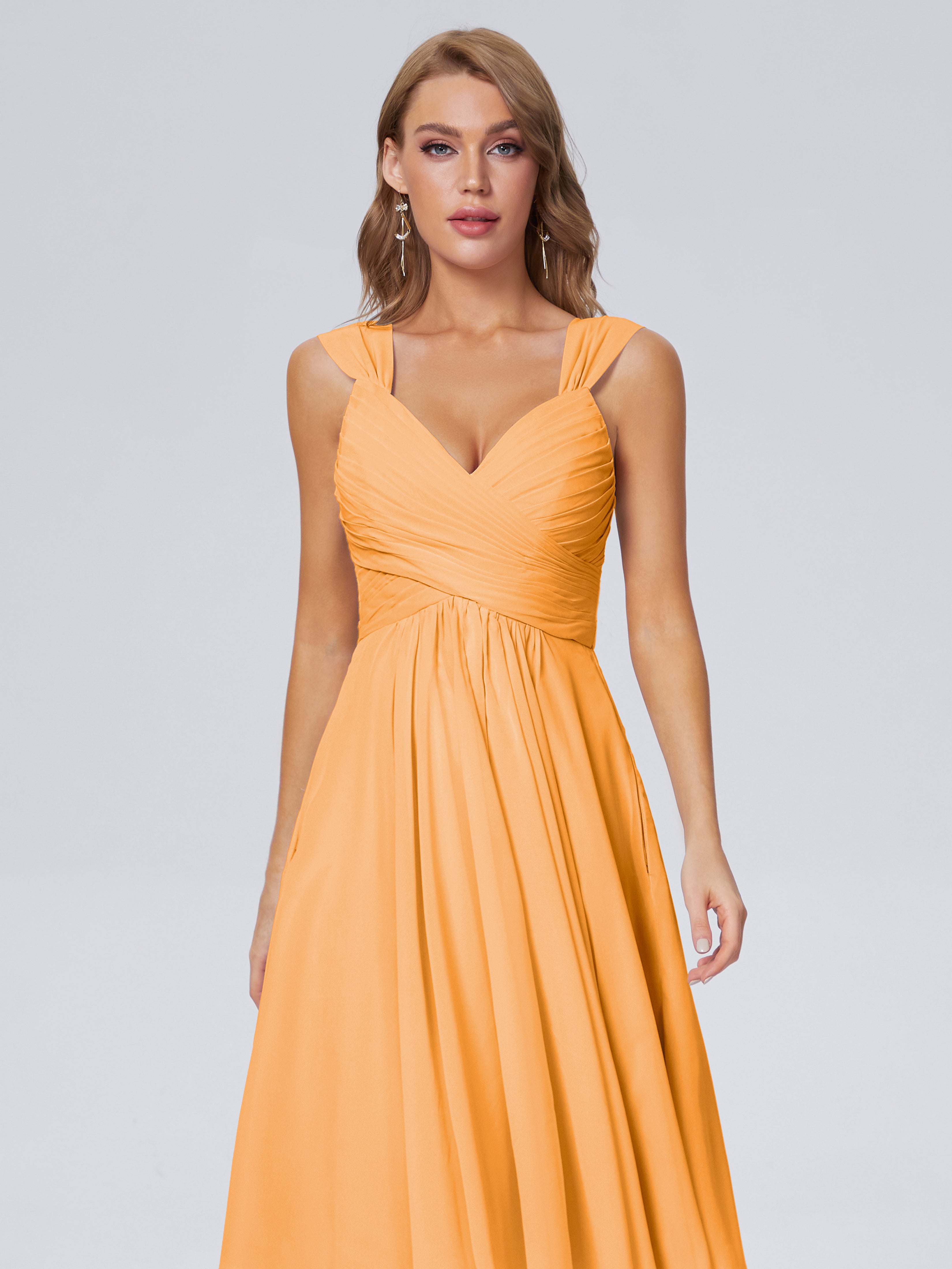 Robes De Demoiselle D'Honneur Mandarine Abordable Bretelles Courtes Mousseline Robes Demoiselle D'Honneur