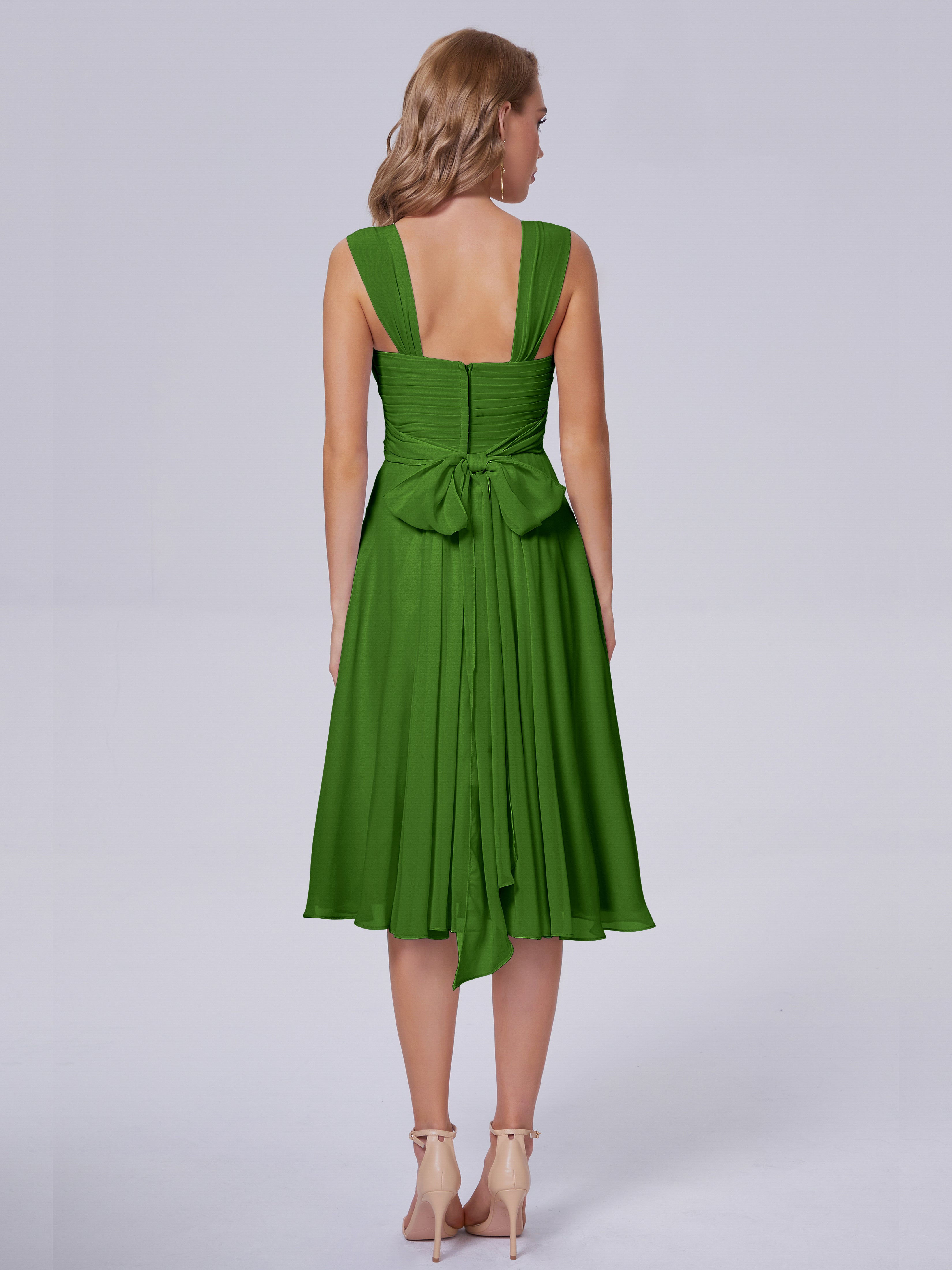 Robes De Demoiselle D'Honneur Vert Mousse Abordable Bretelles Courtes Mousseline Robes Demoiselle D'Honneur