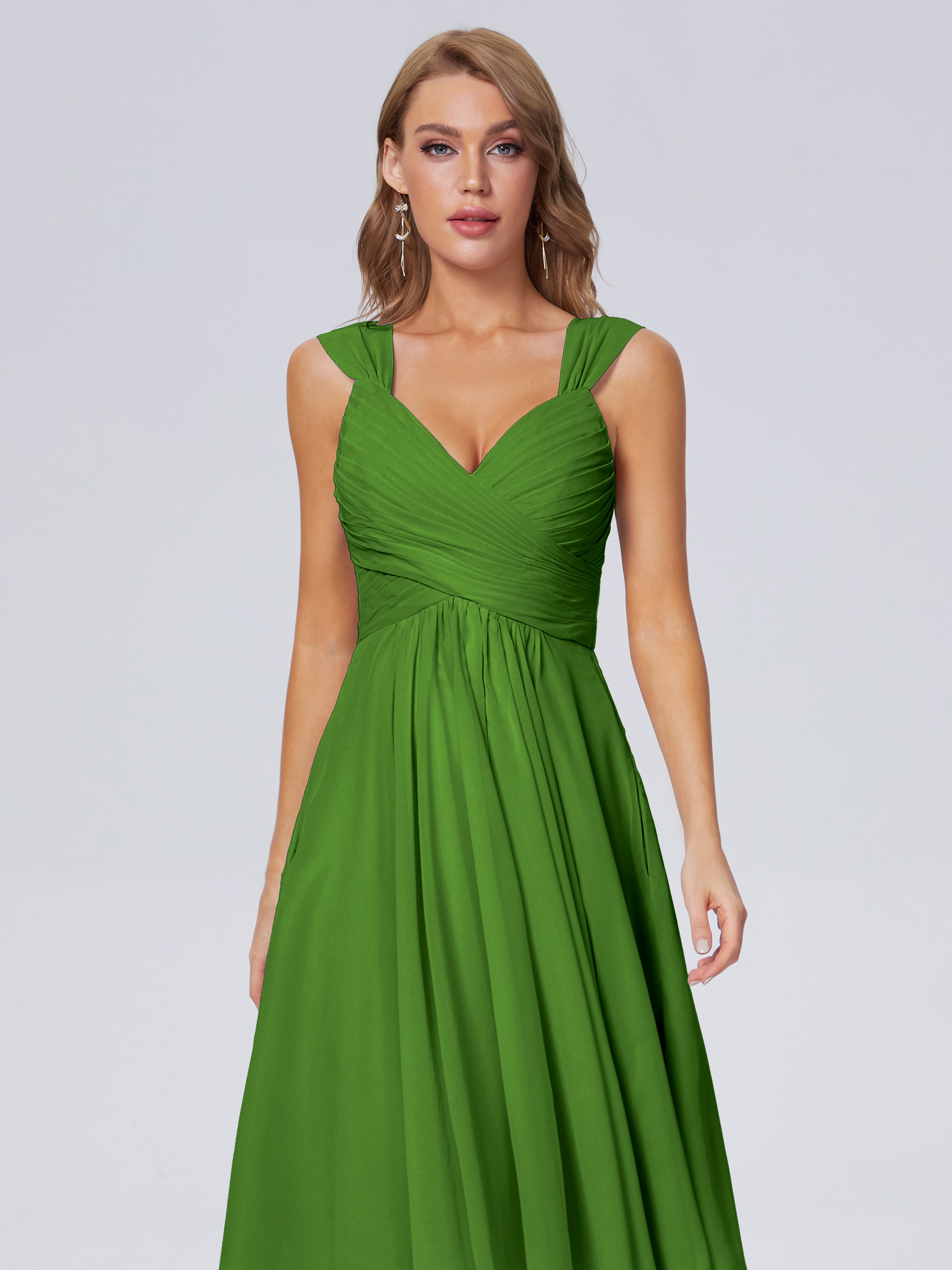 Robes De Demoiselle D'Honneur Vert Mousse Abordable Bretelles Courtes Mousseline Robes Demoiselle D'Honneur