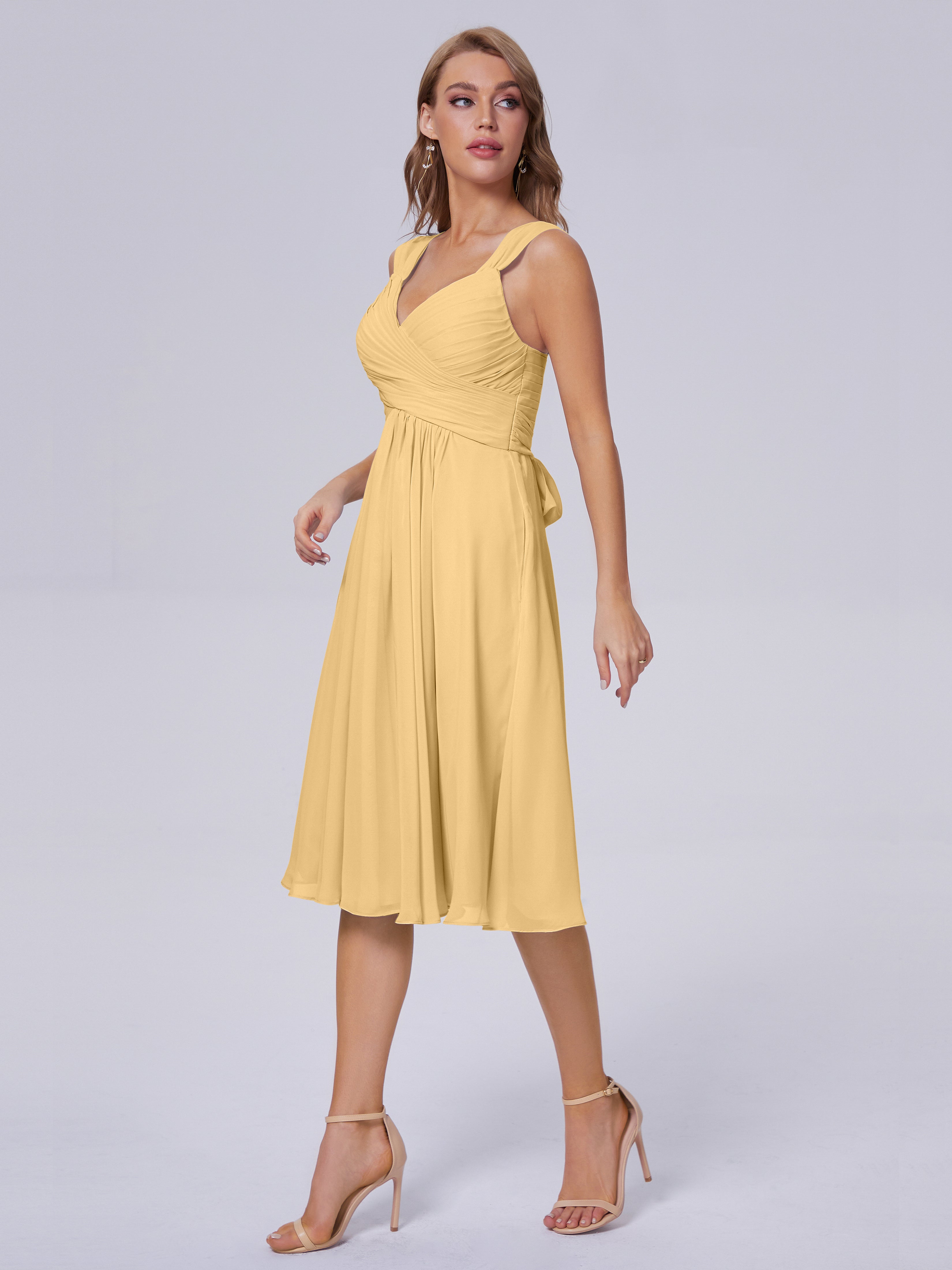 Robe Doré Demoiselle D Honneur Abordable Bretelles Courtes Mousseline Robes Demoiselle D'Honneur
