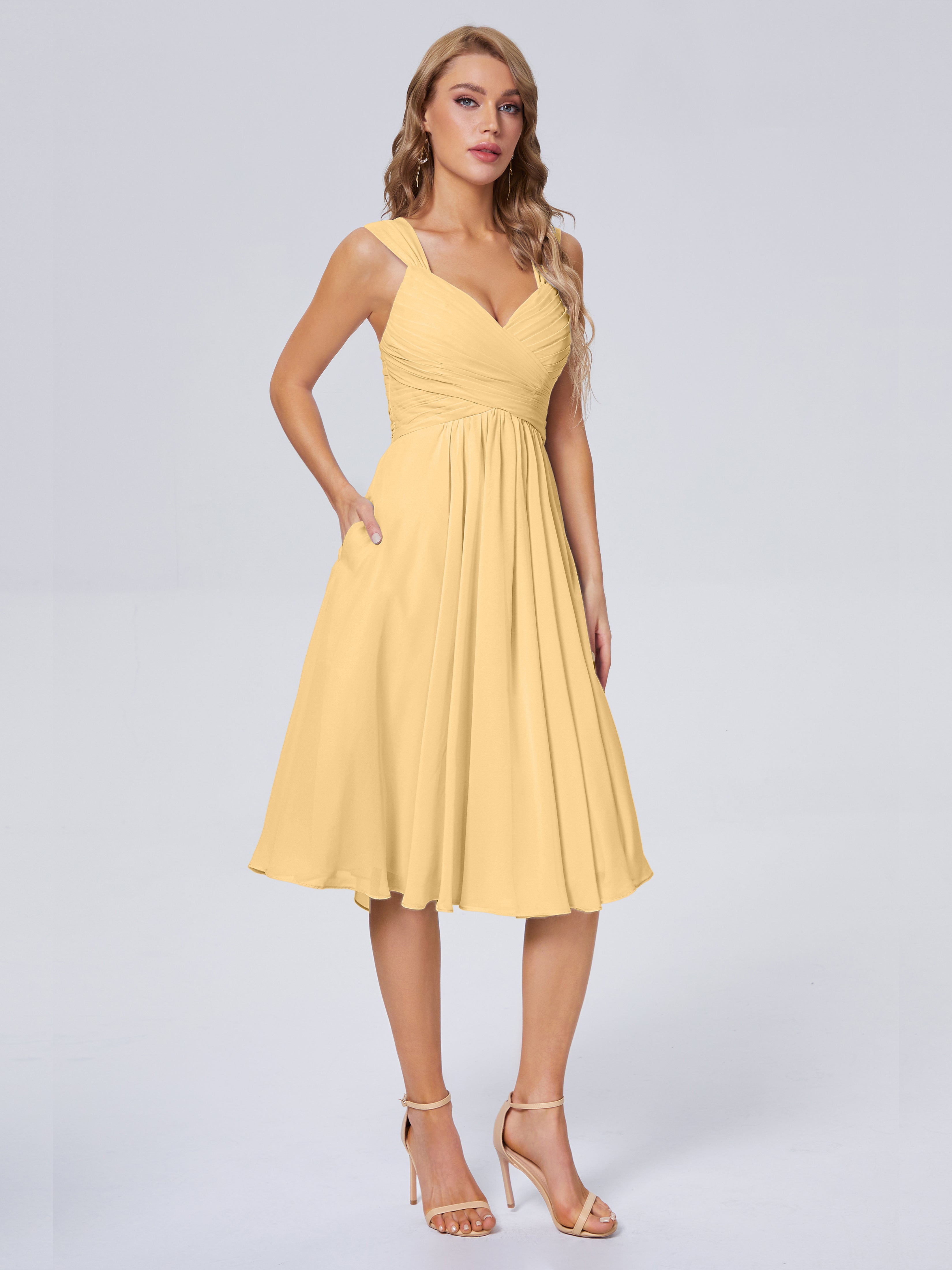 Robe Doré Demoiselle D Honneur Abordable Bretelles Courtes Mousseline Robes Demoiselle D'Honneur