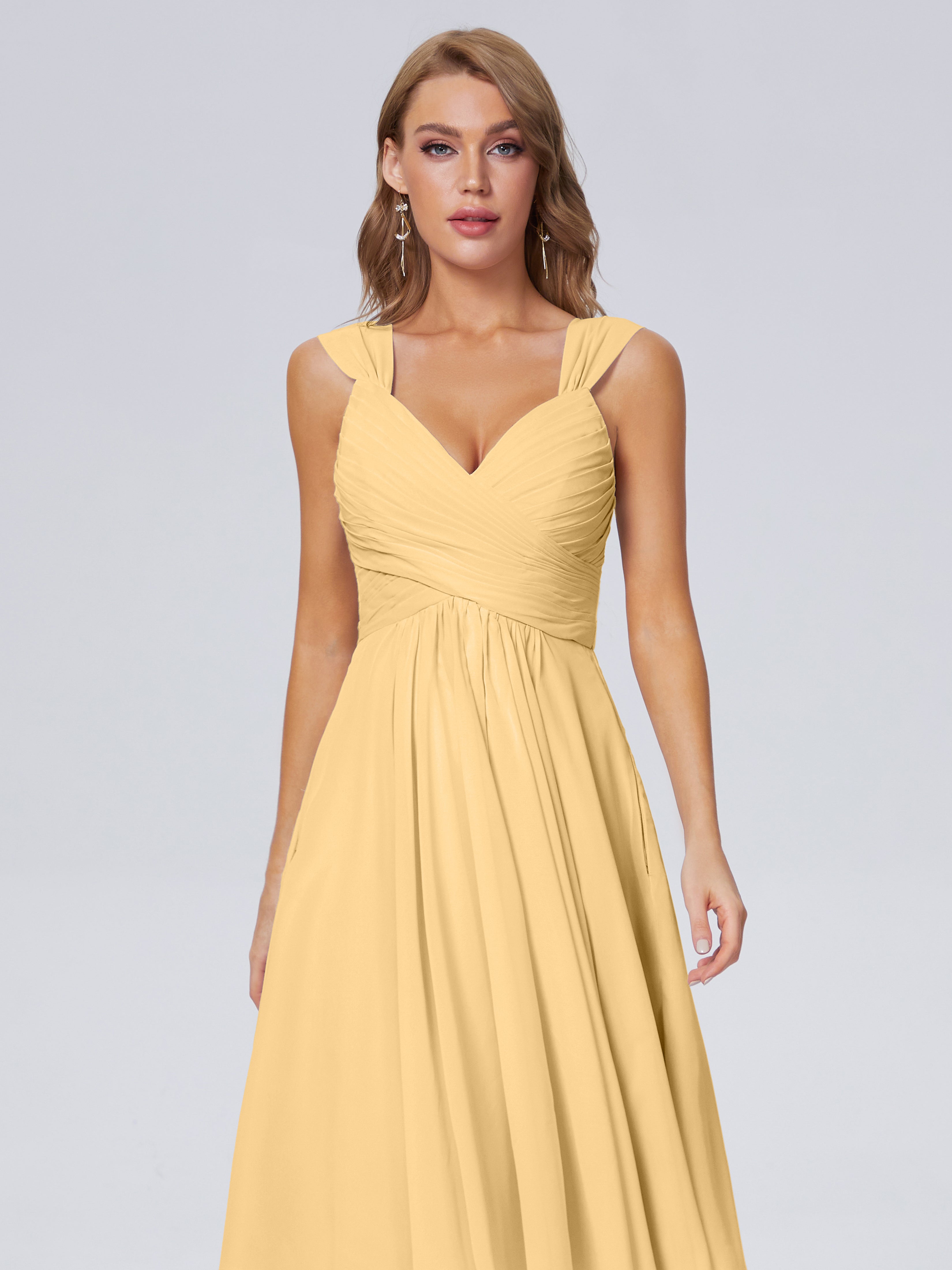Robe Doré Demoiselle D Honneur Abordable Bretelles Courtes Mousseline Robes Demoiselle D'Honneur
