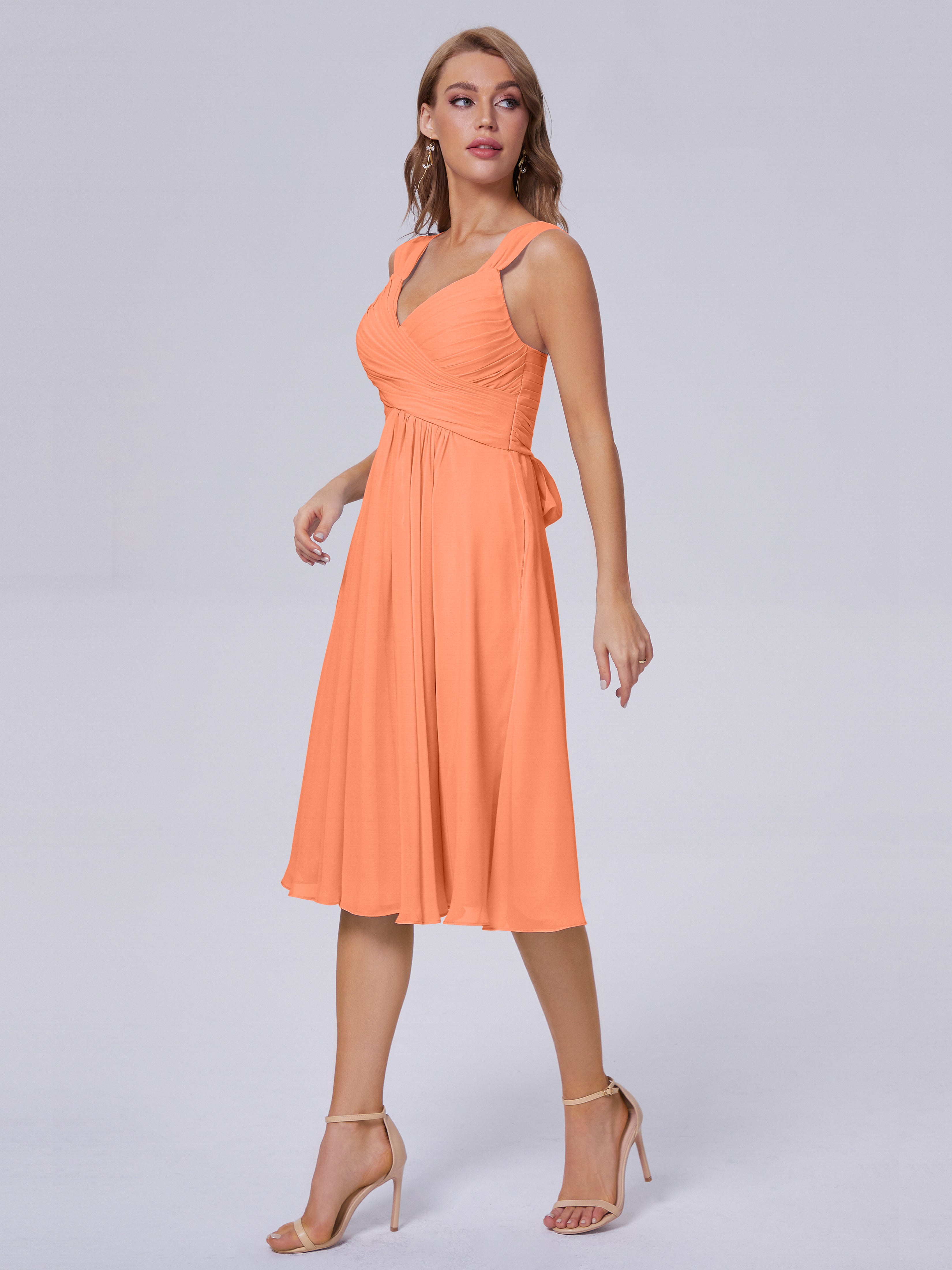 Robes De Demoiselle D'Honneur Papaye Abordable Bretelles Courtes Mousseline Robes Demoiselle D'Honneur