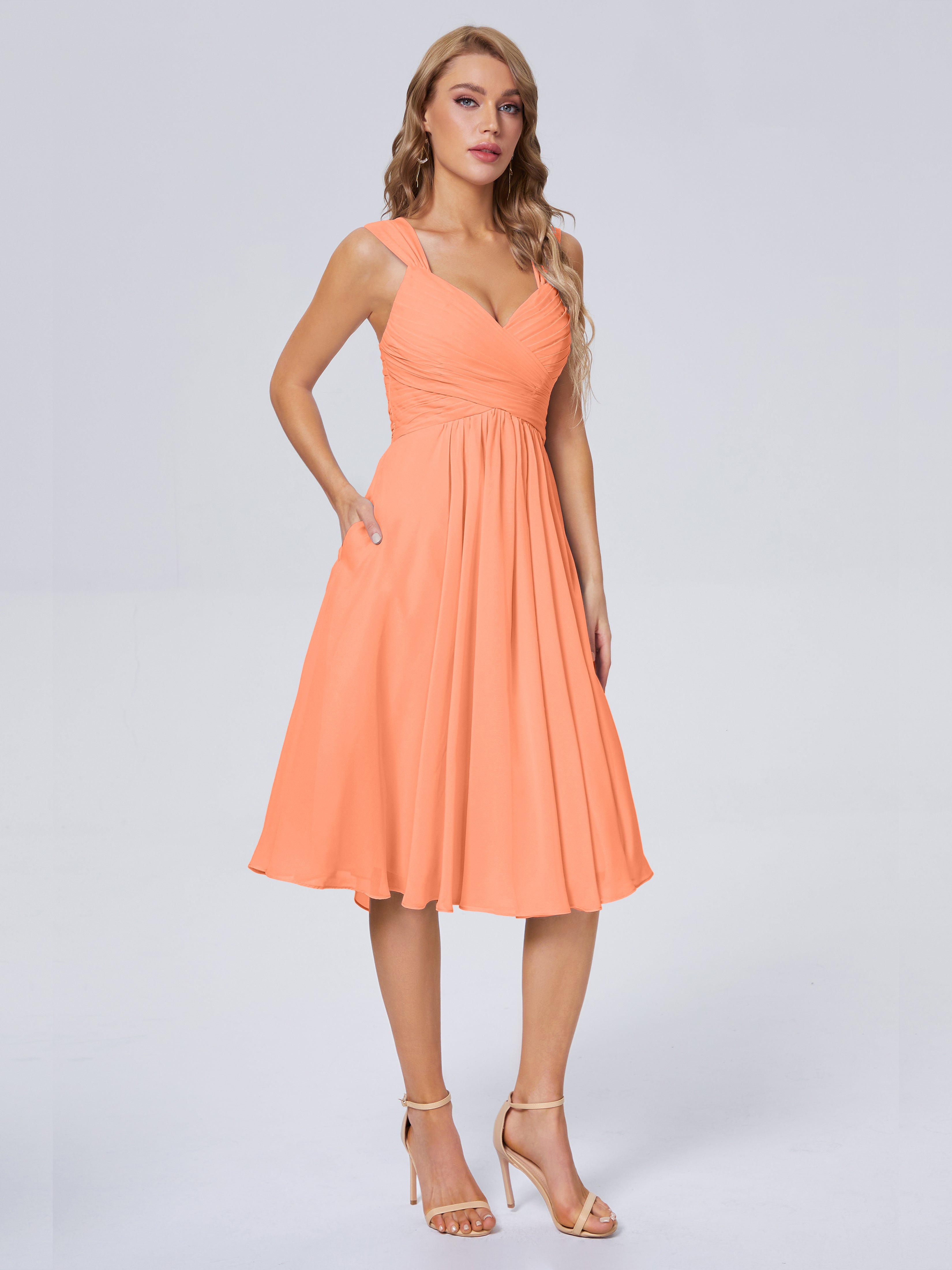 Robes De Demoiselle D'Honneur Papaye Abordable Bretelles Courtes Mousseline Robes Demoiselle D'Honneur