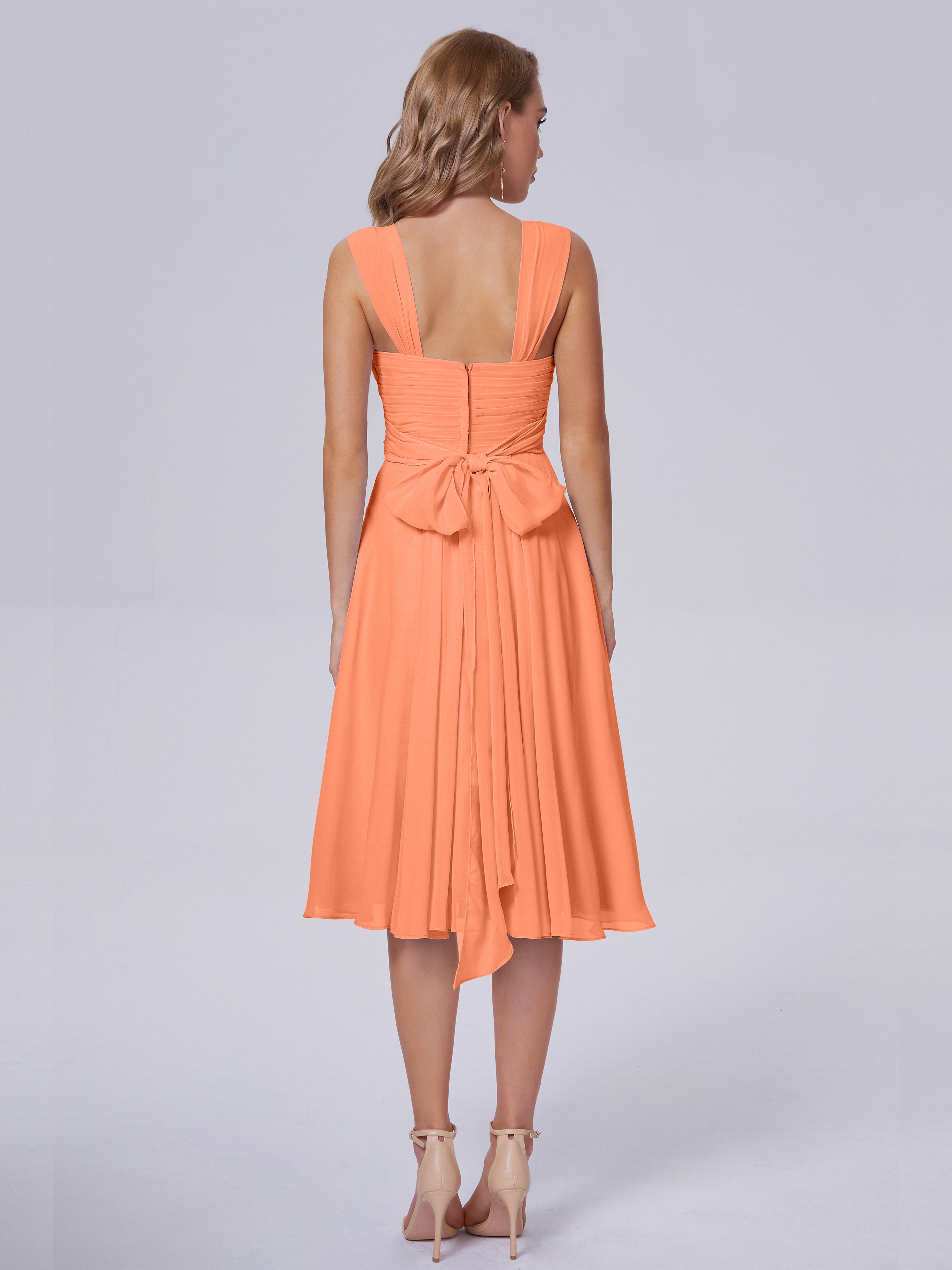 Robes De Demoiselle D'Honneur Papaye Abordable Bretelles Courtes Mousseline Robes Demoiselle D'Honneur
