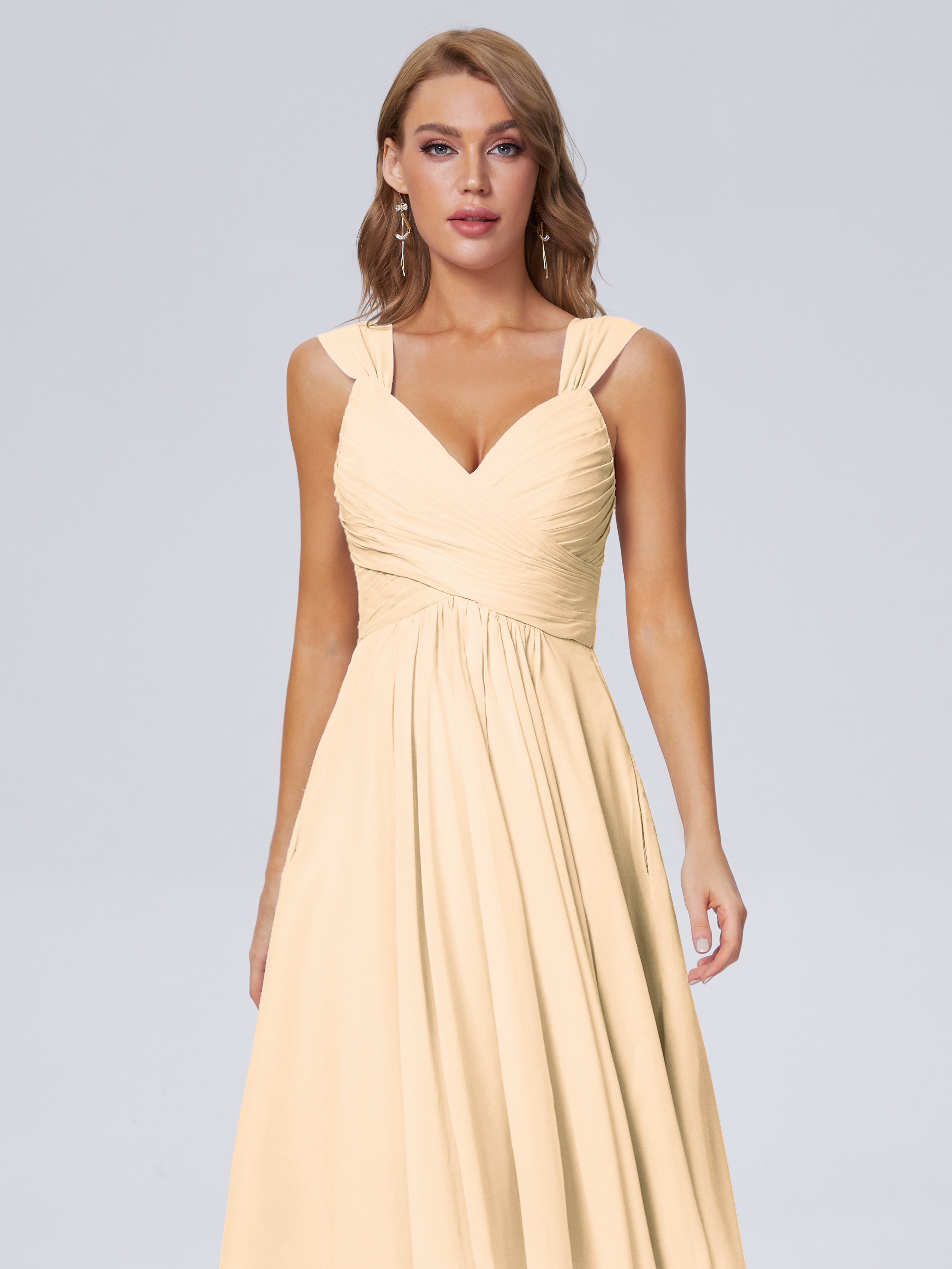 Robe De Demoiselle D Honneur Couleur Peche Abordable Bretelles Courtes Mousseline Robes Demoiselle D'Honneur