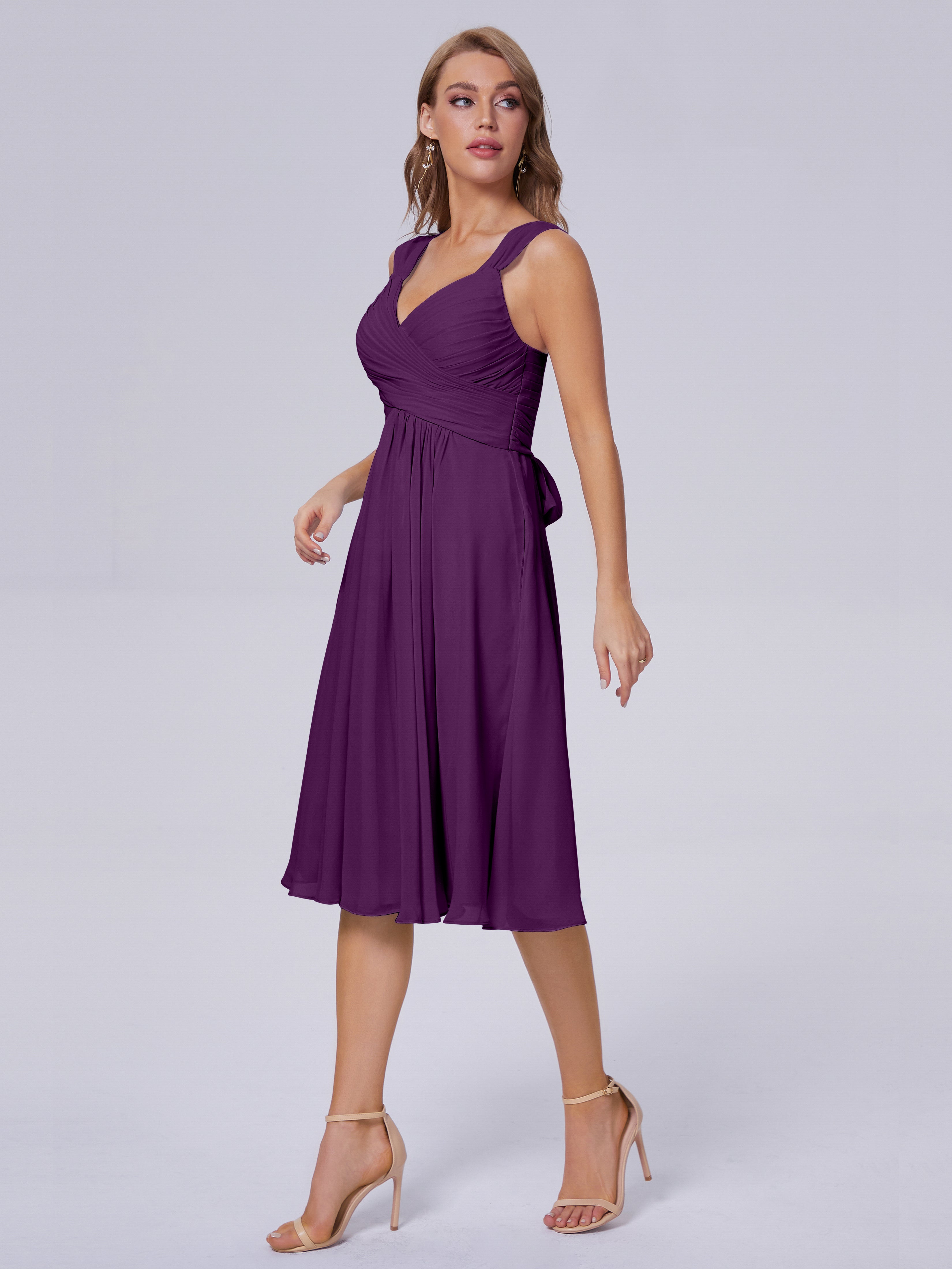 Robes De Demoiselle D'Honneur En Raisin Abordable Bretelles Courtes Mousseline Robes Demoiselle D'Honneur