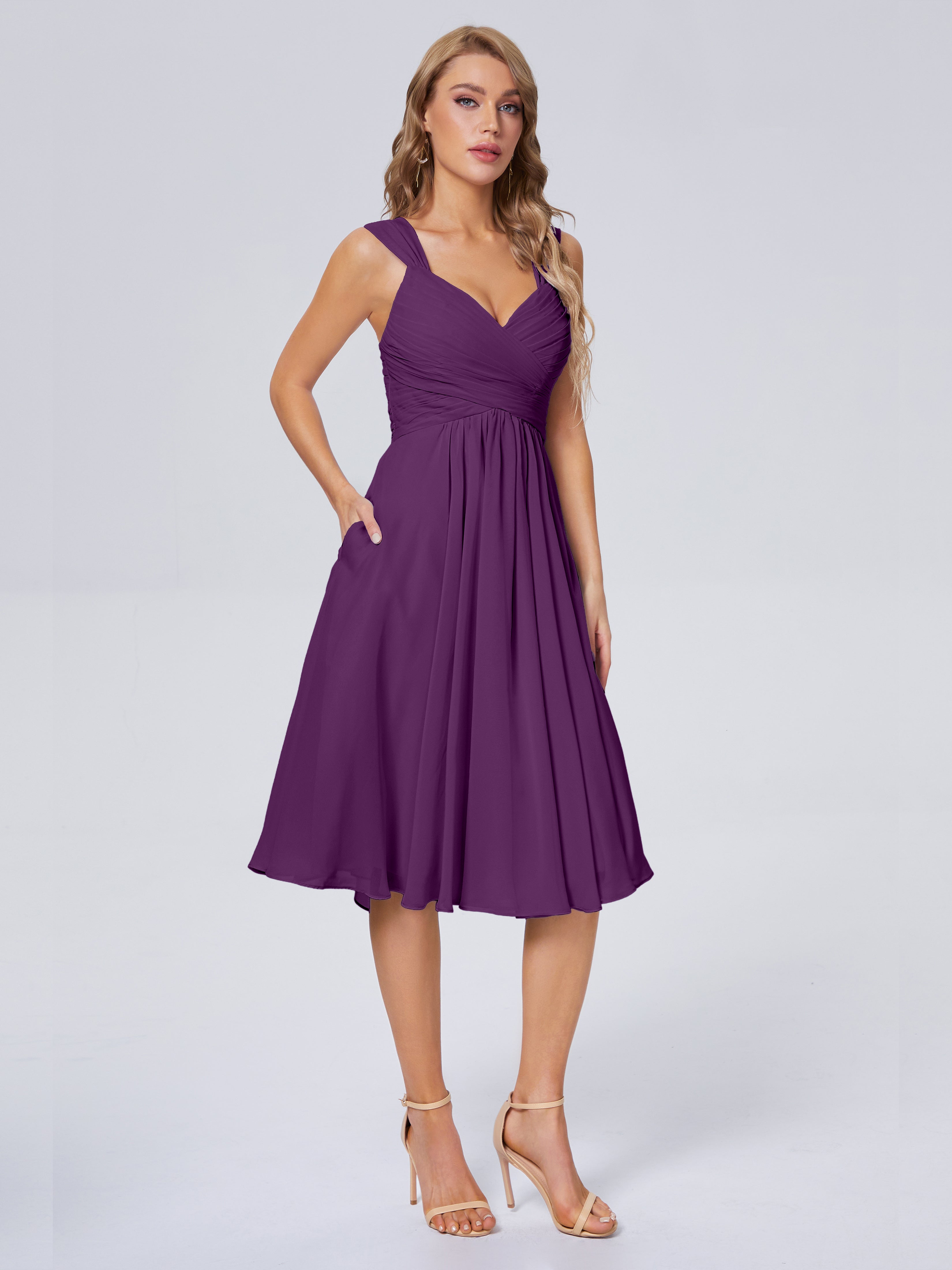 Robes De Demoiselle D'Honneur En Raisin Abordable Bretelles Courtes Mousseline Robes Demoiselle D'Honneur