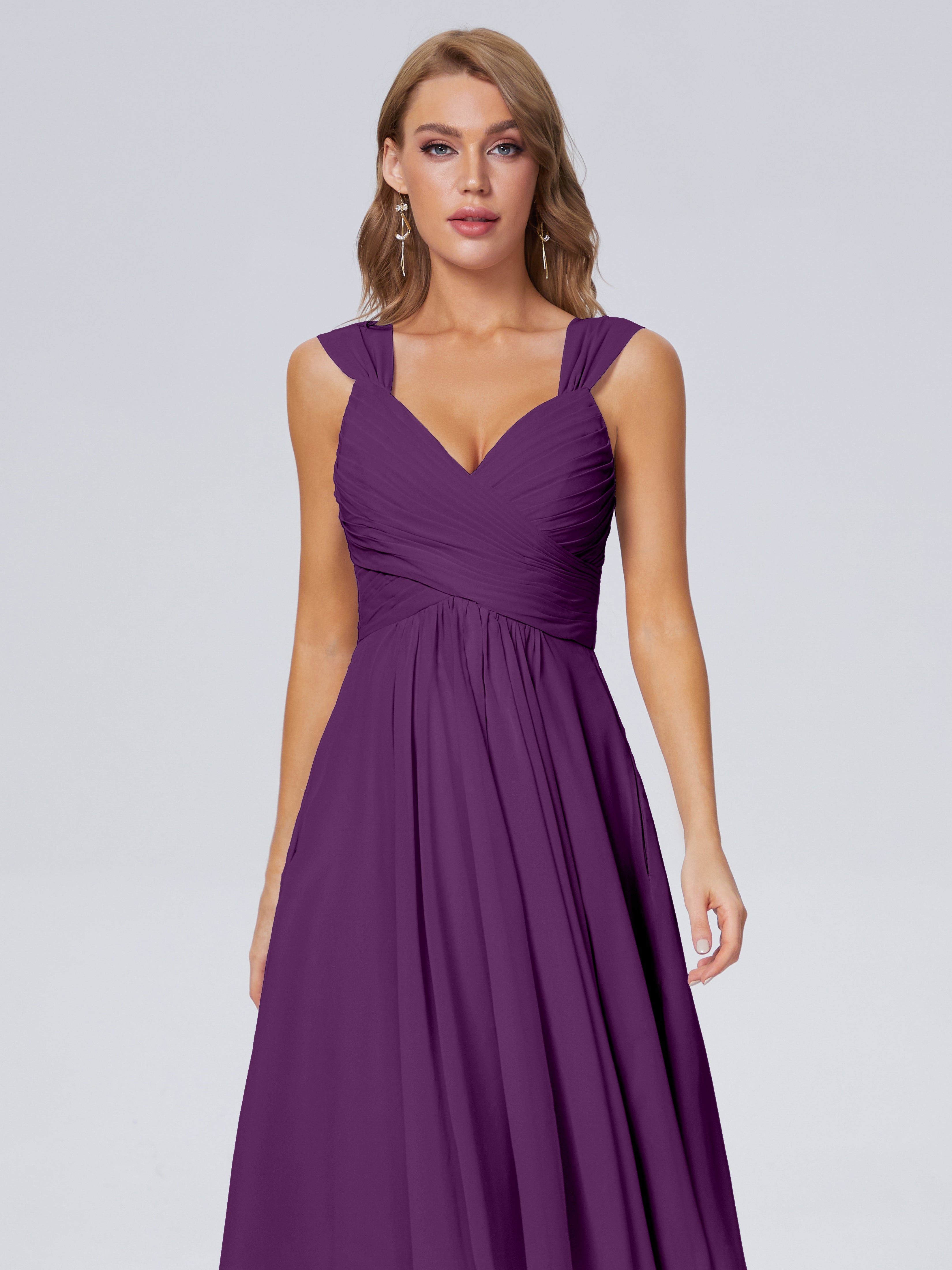 Robes De Demoiselle D'Honneur En Raisin Abordable Bretelles Courtes Mousseline Robes Demoiselle D'Honneur