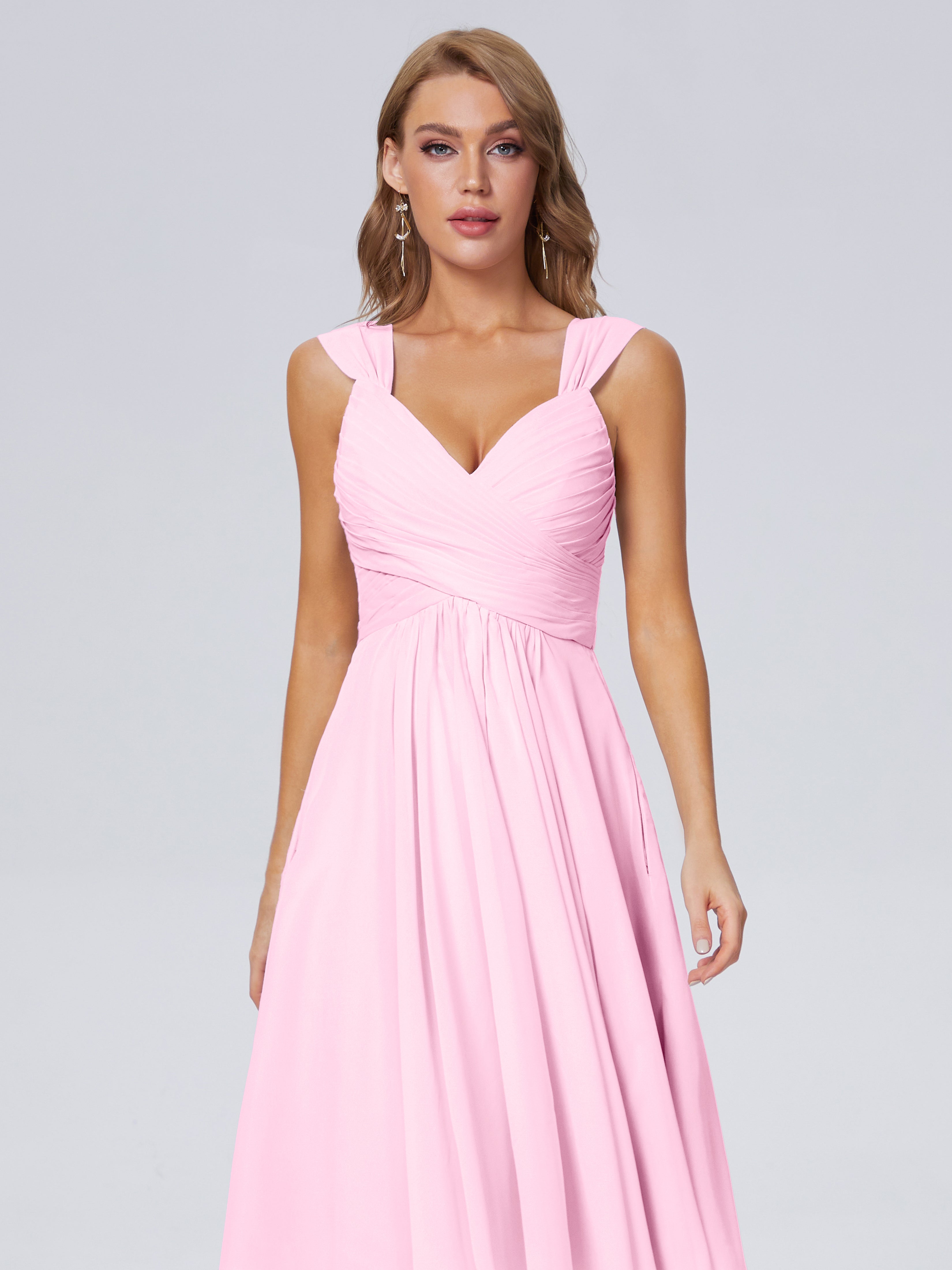 Robe Demoiselle D Honneur Rose Bonbon Abordable Bretelles Courtes Mousseline Robes Demoiselle D'Honneur