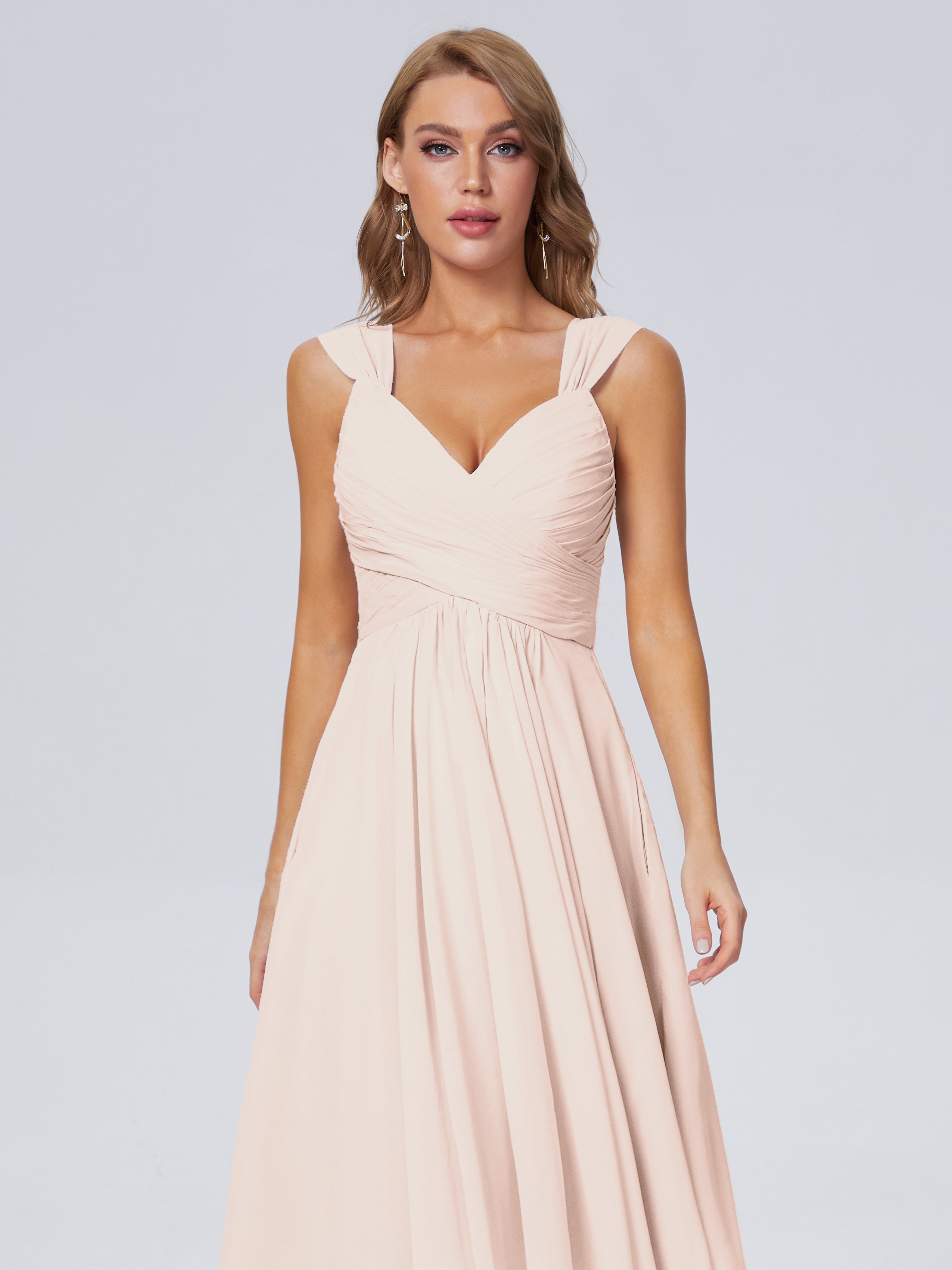 Robe Demoiselle D Honneur Rose Perle Abordable Bretelles Courtes Mousseline Robes Demoiselle D'Honneur