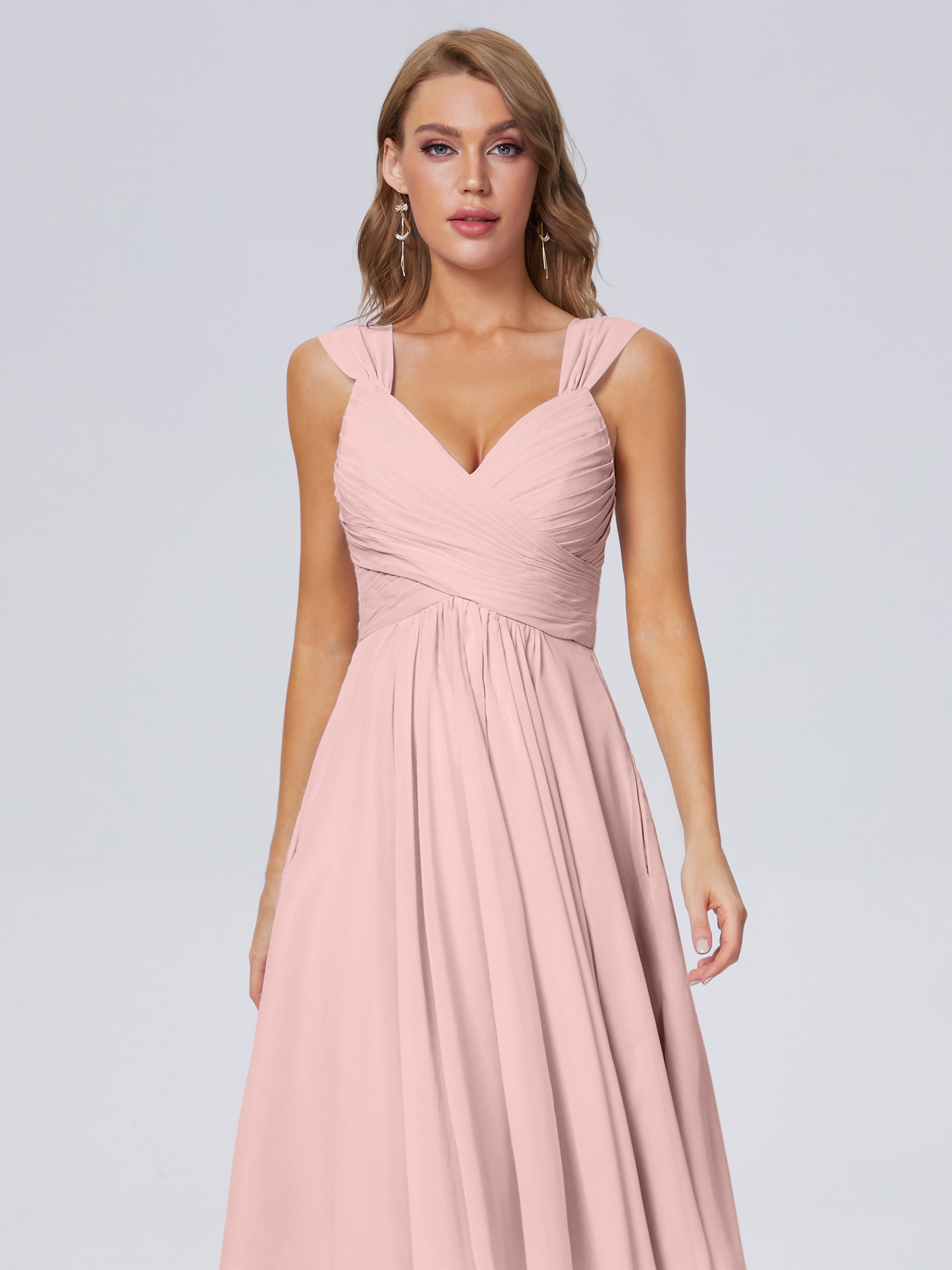 Robe Demoiselle D Honneur Rose Poudre Abordable Bretelles Courtes Mousseline Robes Demoiselle D'Honneur