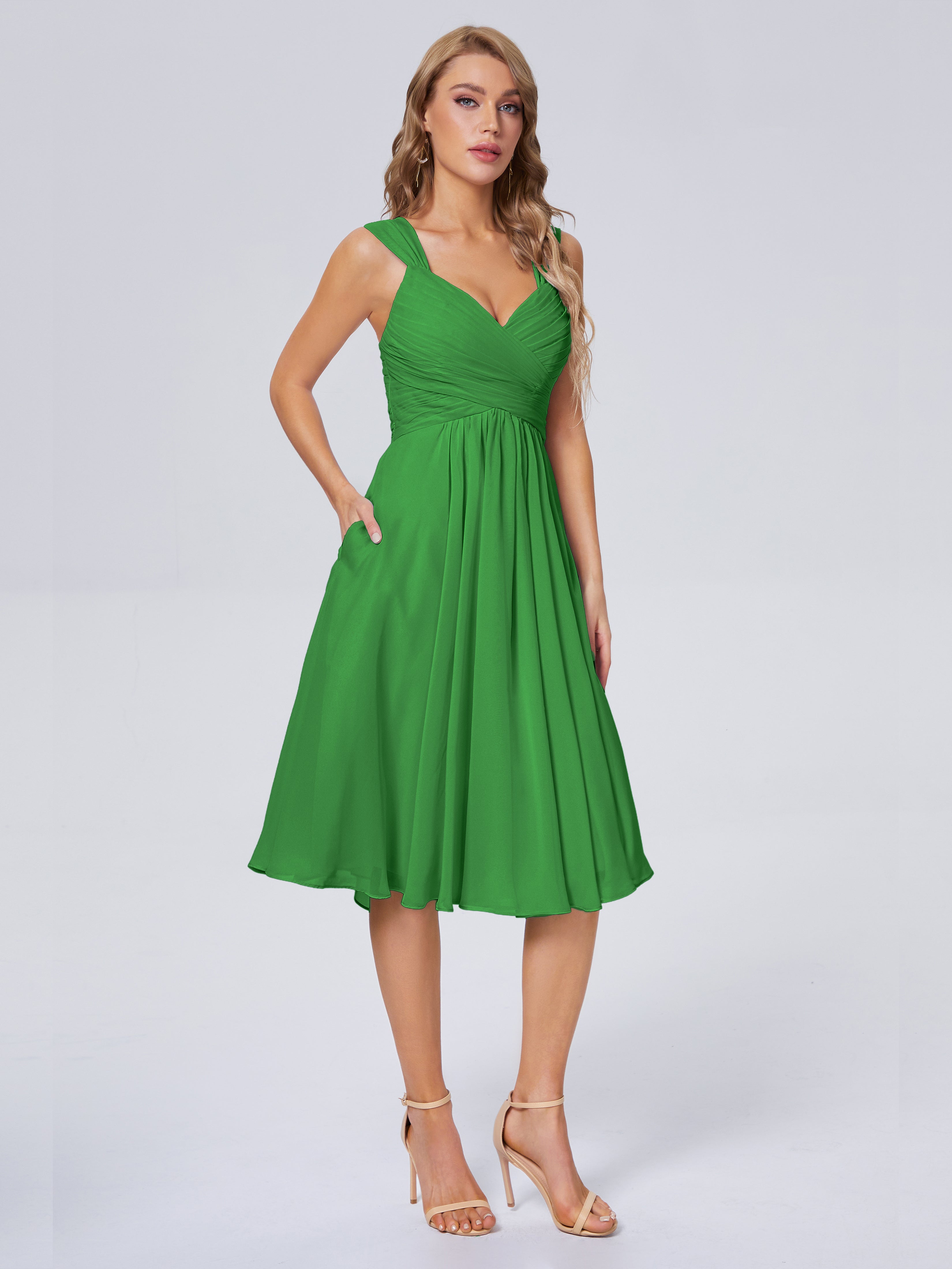 Robe De Demoiselle D Honneur Verte Abordable Bretelles Courtes Mousseline Robes Demoiselle D'Honneur