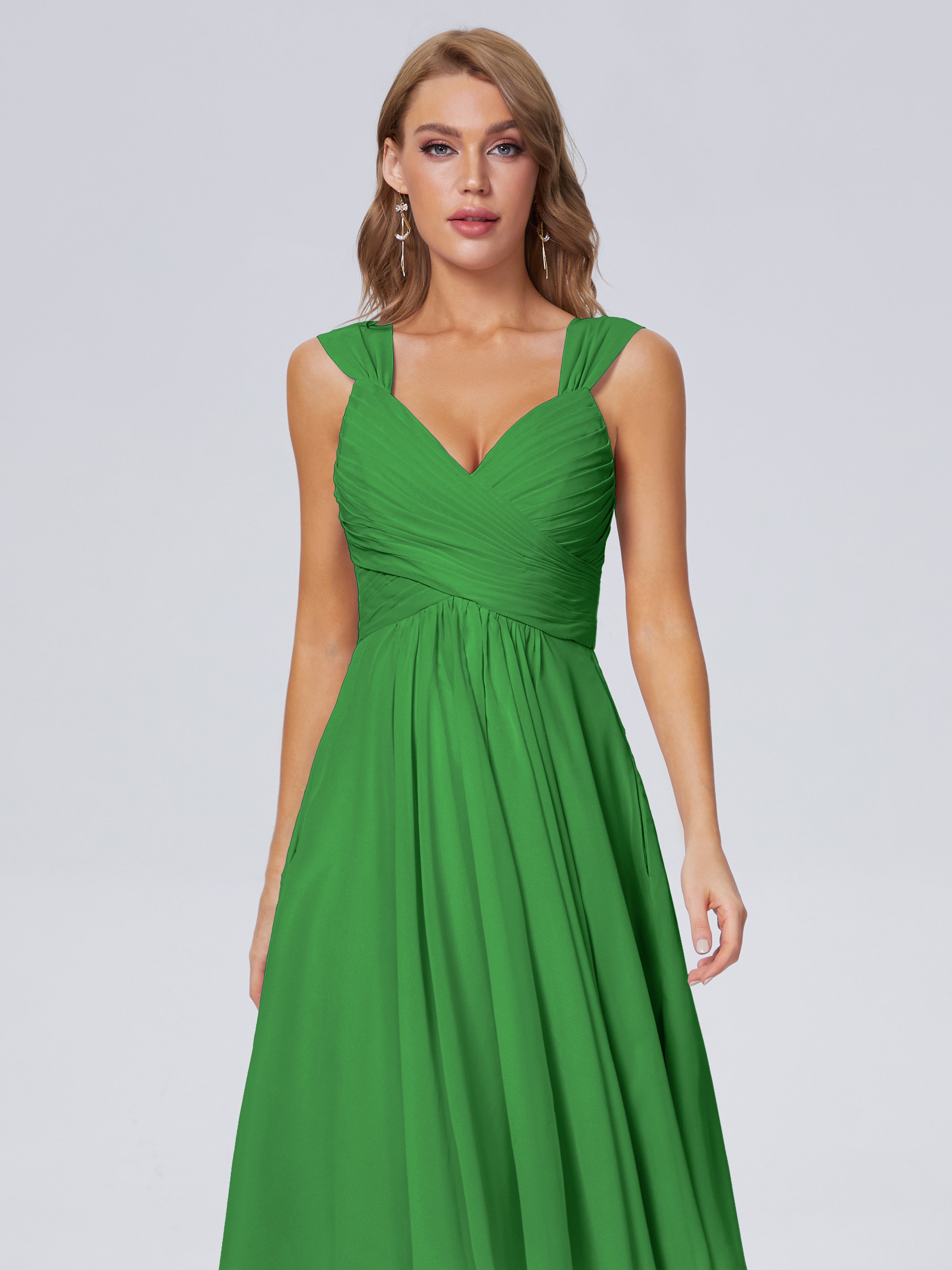 Robe De Demoiselle D Honneur Verte Abordable Bretelles Courtes Mousseline Robes Demoiselle D'Honneur