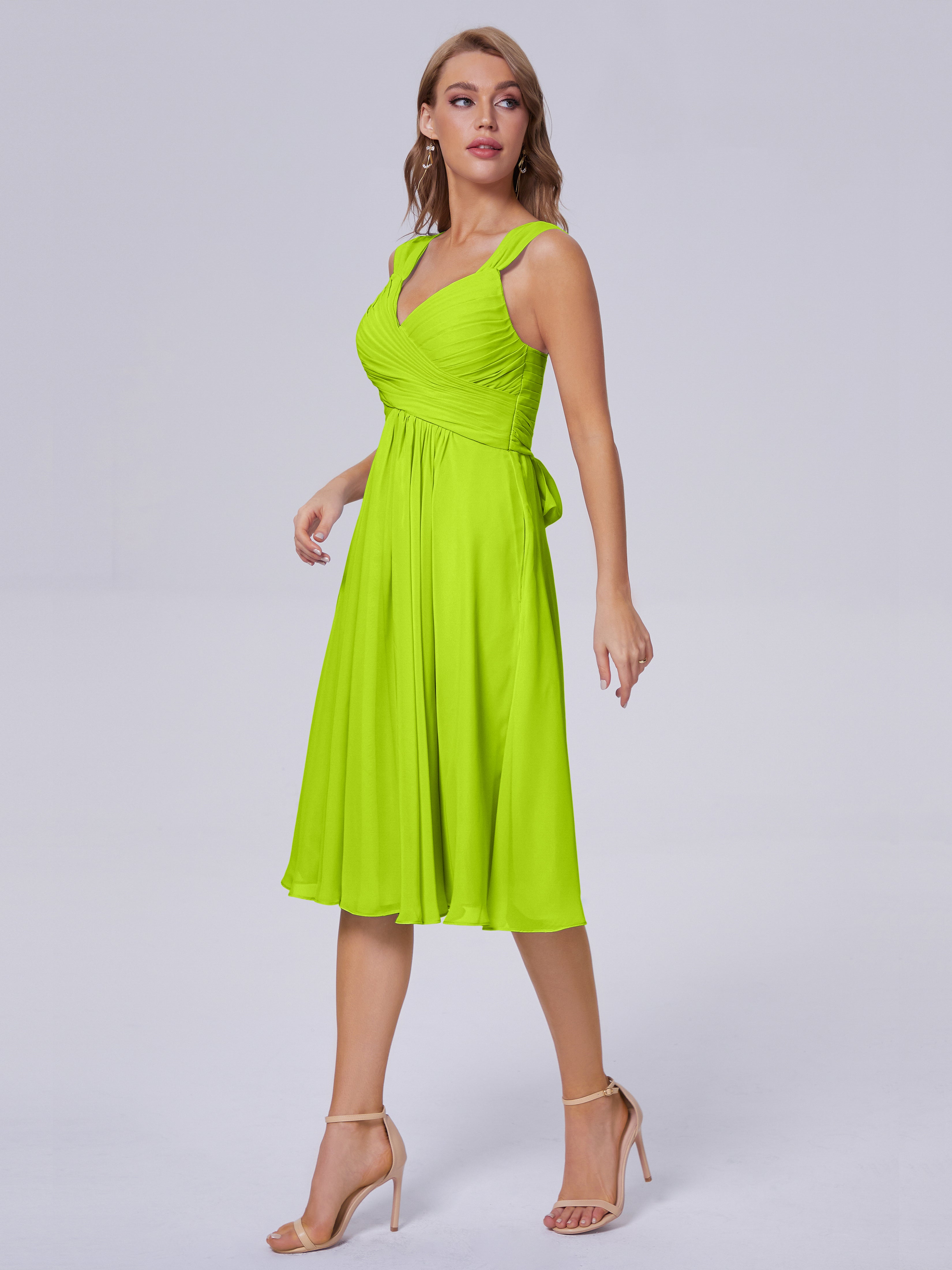 Robes De Demoiselle D'Honneur Vert Citron Abordable Bretelles Courtes Mousseline Robes Demoiselle D'Honneur