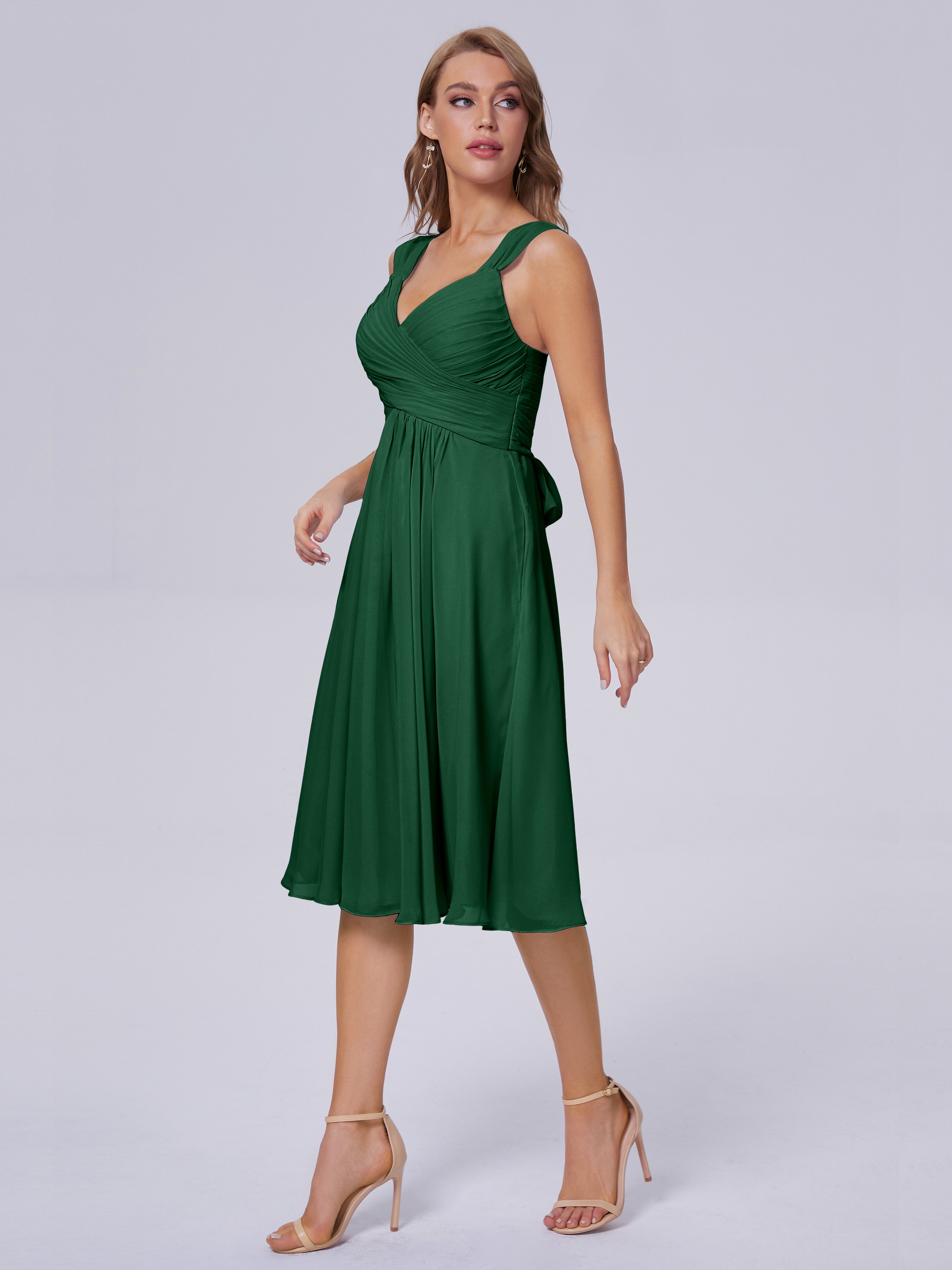 Robes De Demoiselle D'Honneur Vert Foncé Abordable Bretelles Courtes Mousseline Robes Demoiselle D'Honneur