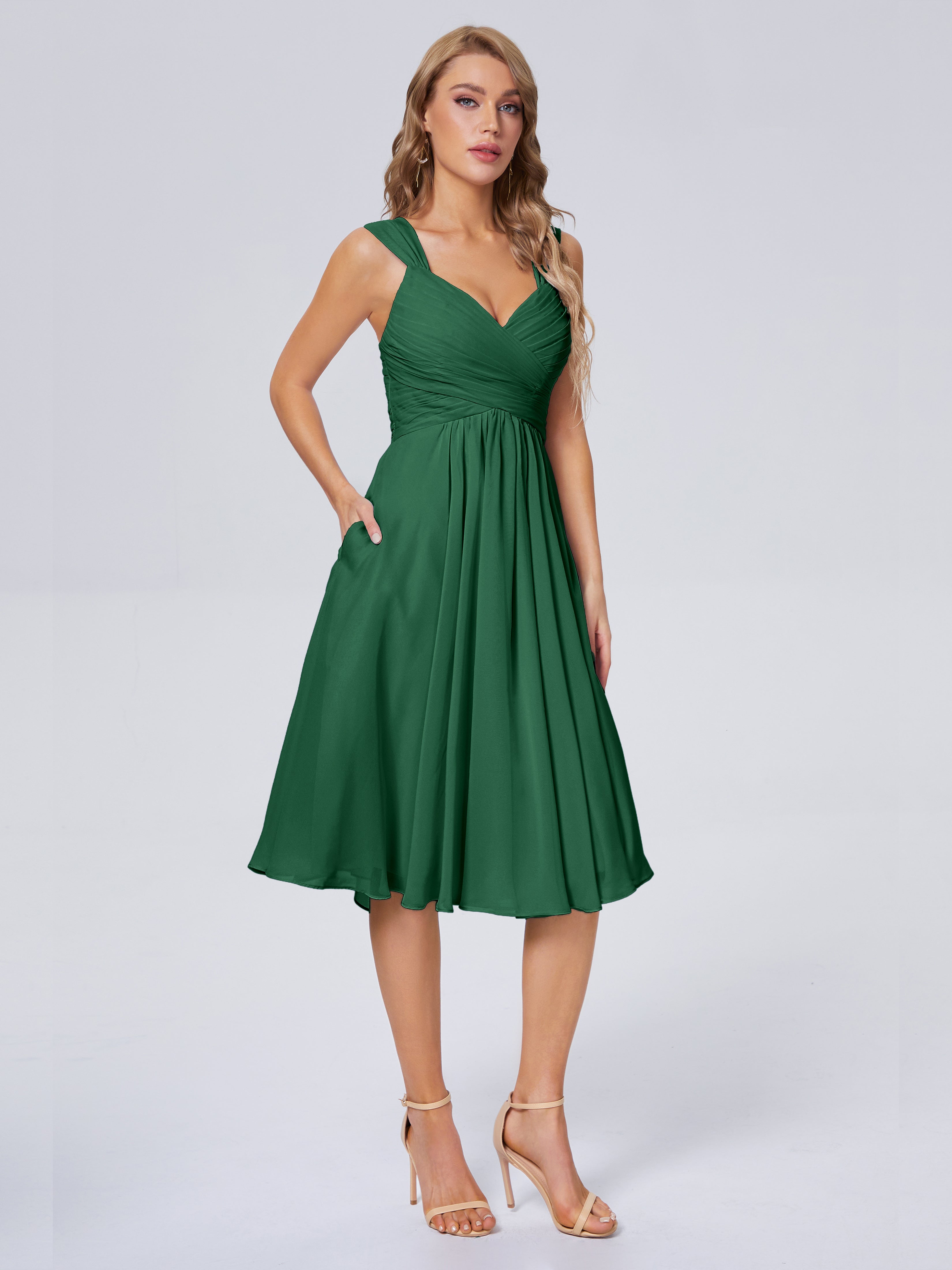 Robes De Demoiselle D'Honneur Vert Foncé Abordable Bretelles Courtes Mousseline Robes Demoiselle D'Honneur