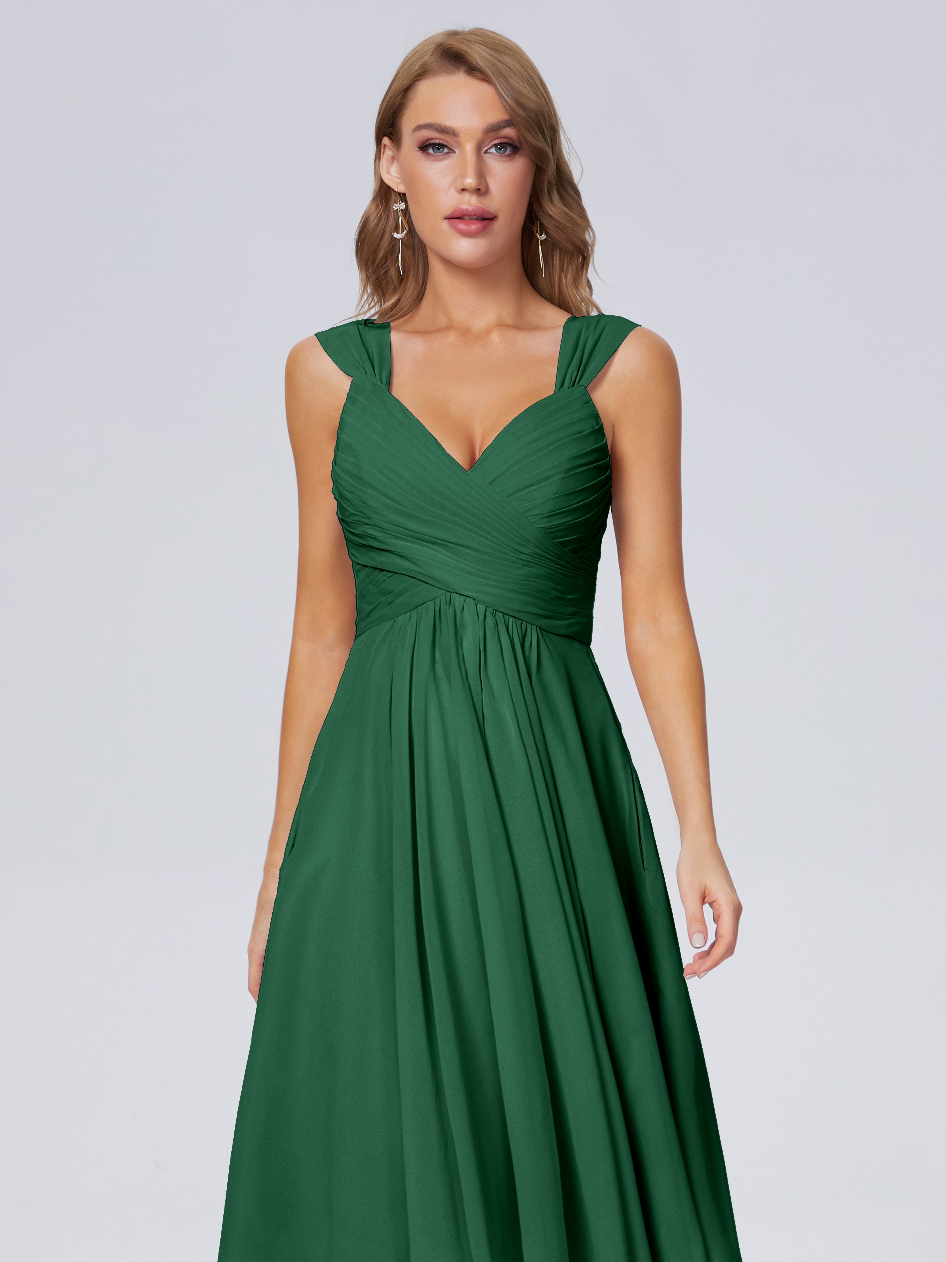 Robes De Demoiselle D'Honneur Vert Foncé Abordable Bretelles Courtes Mousseline Robes Demoiselle D'Honneur