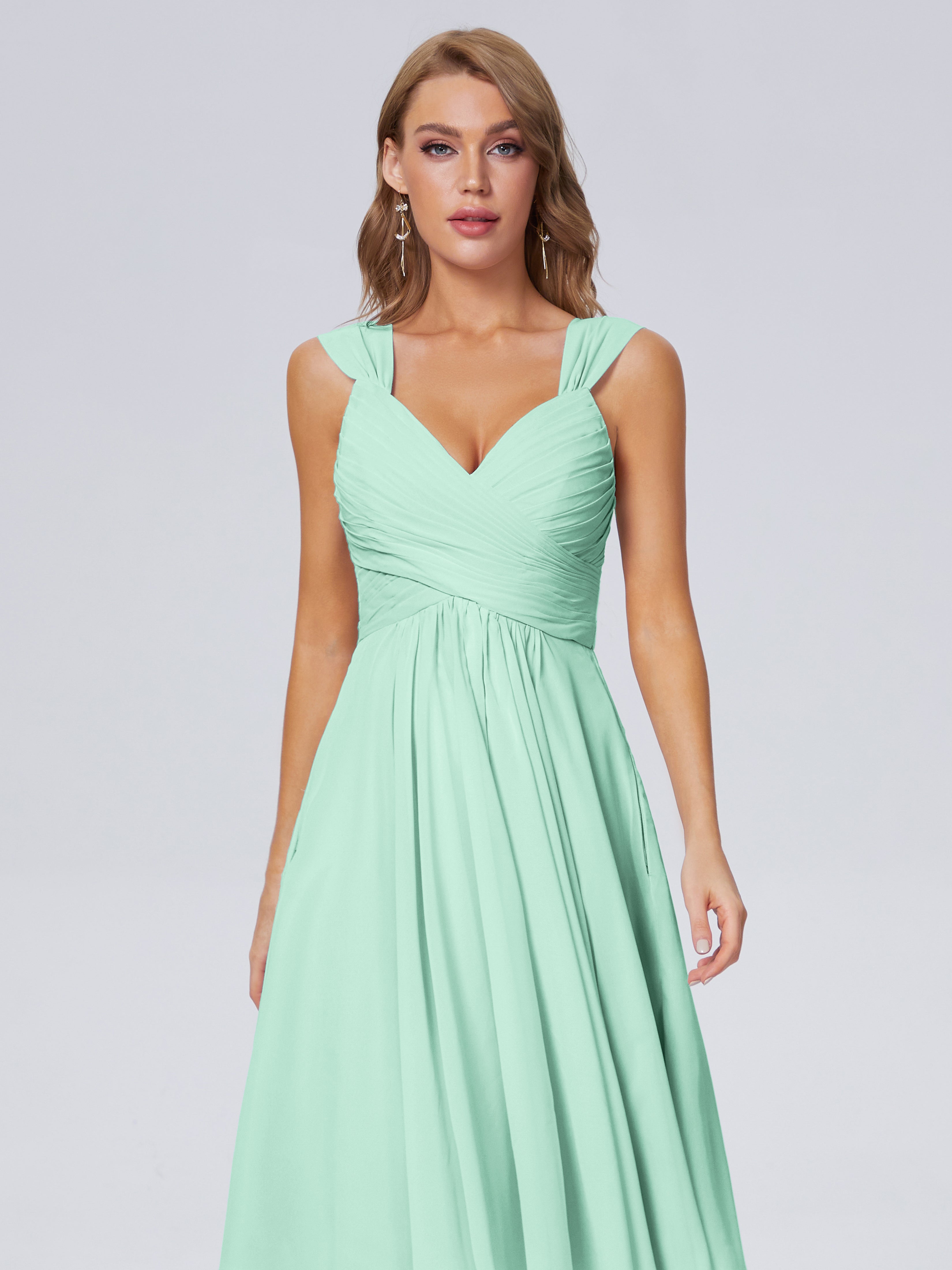 Robe Demoiselle D Honneur Vert Menthe Abordable Bretelles Courtes Mousseline Robes Demoiselle D'Honneur
