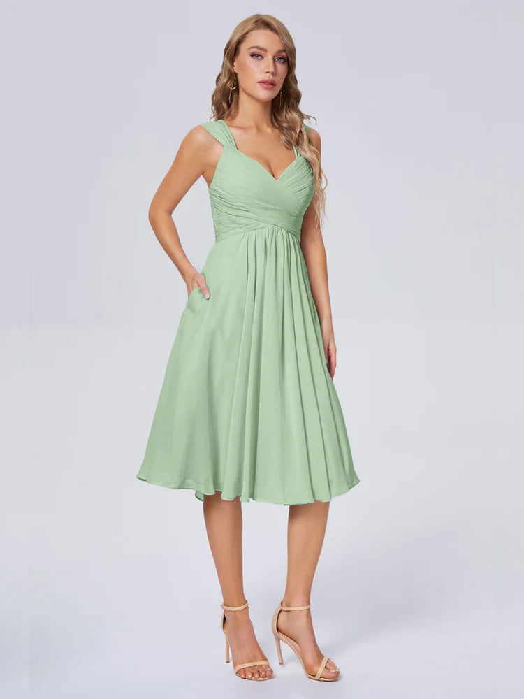 Robes De Demoiselle D'Honneur De Sauge Poussiéreuse Abordable Bretelles Courtes Mousseline Robes Demoiselle D'Honneur