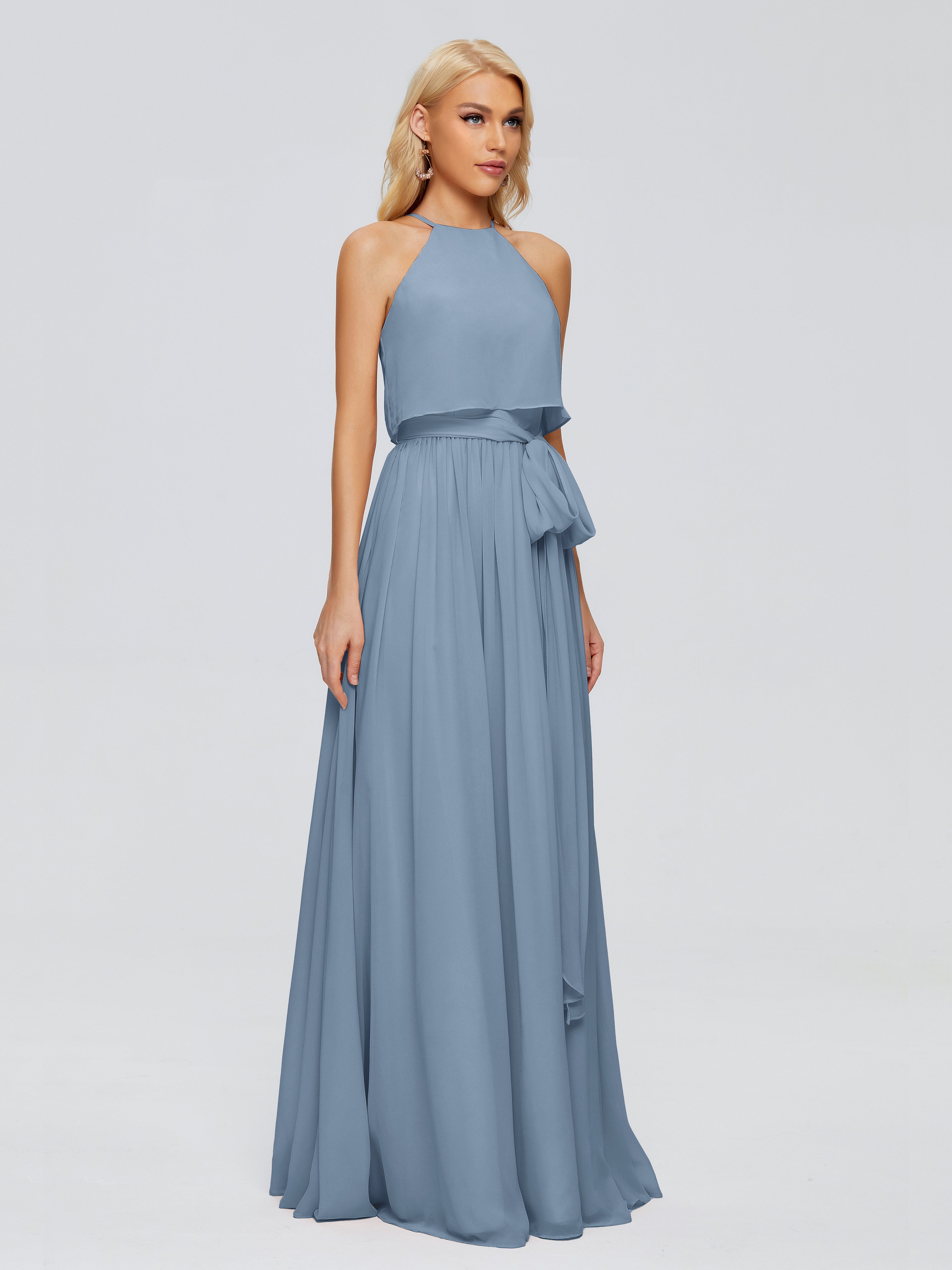 Robes De Demoiselle D'Honneur Bleu De Schiste Trapèze Licou Mousseline Robes Demoiselle D'Honneur