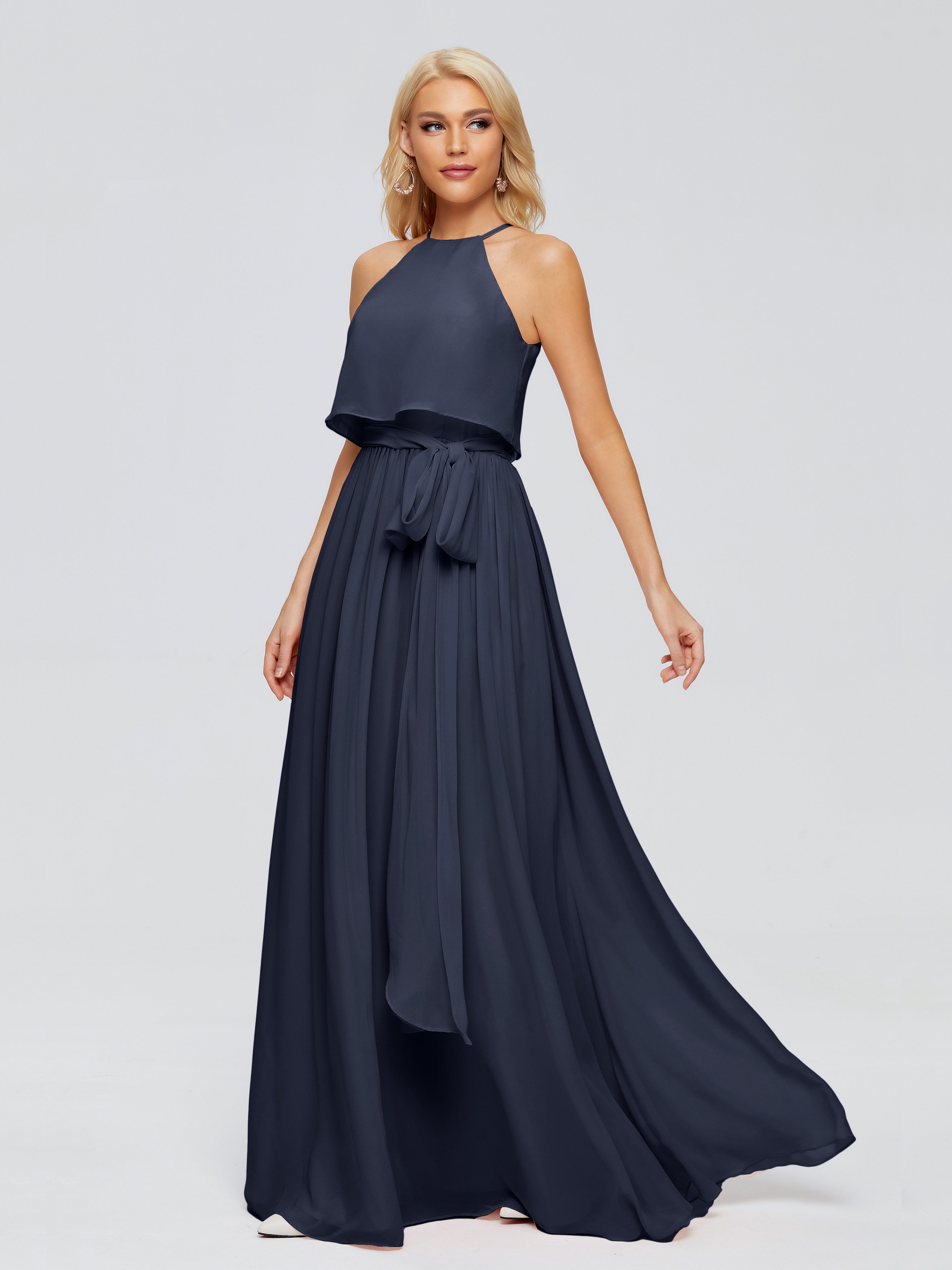 Robes De Demoiselle D'Honneur Bleu Marine Modestes Trapèze Licou Mousseline Robes Demoiselle D'Honneur