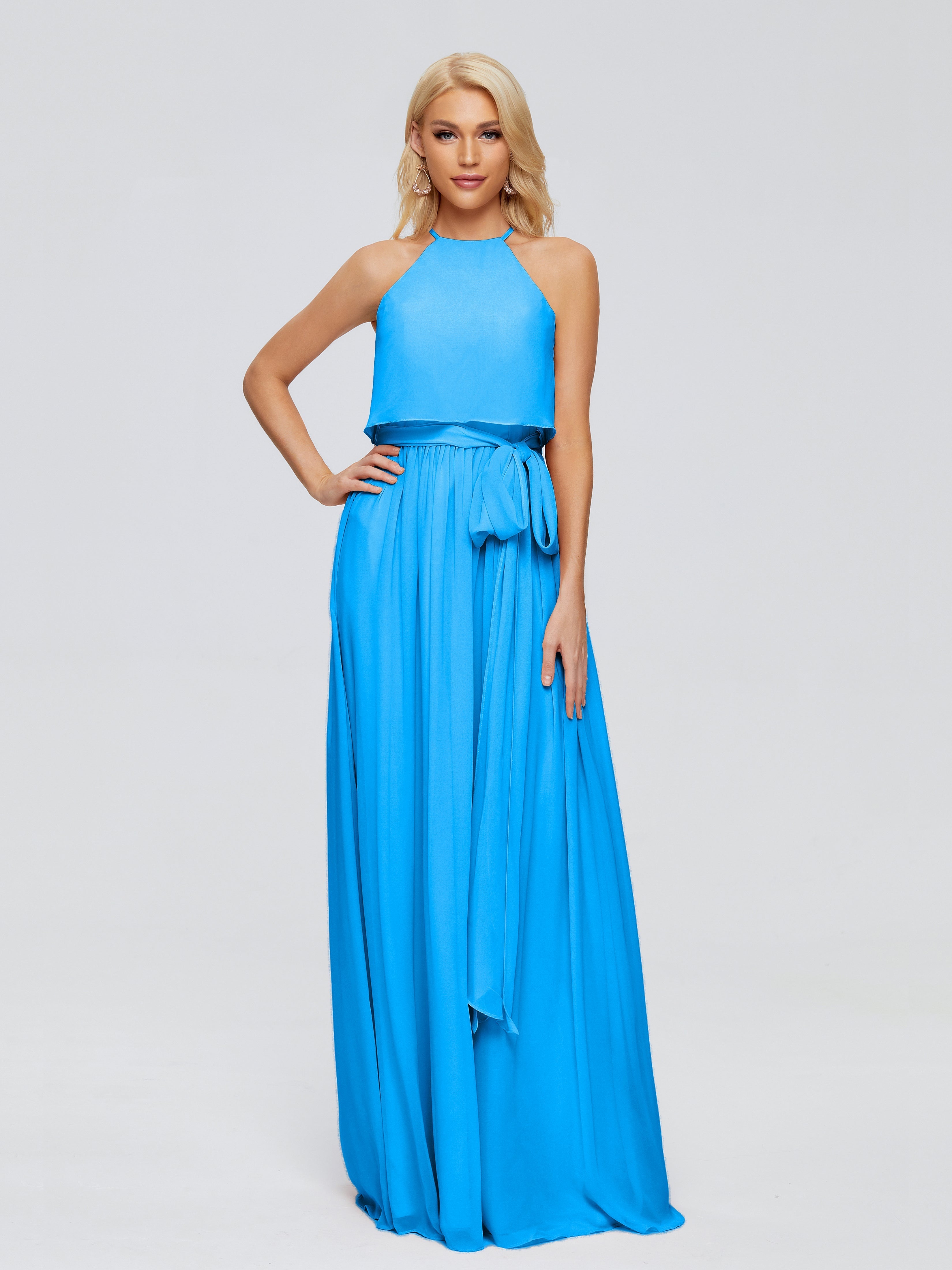 Robes De Demoiselle D'Honneur Bleu Océan Trapèze Licou Mousseline Robes Demoiselle D'Honneur