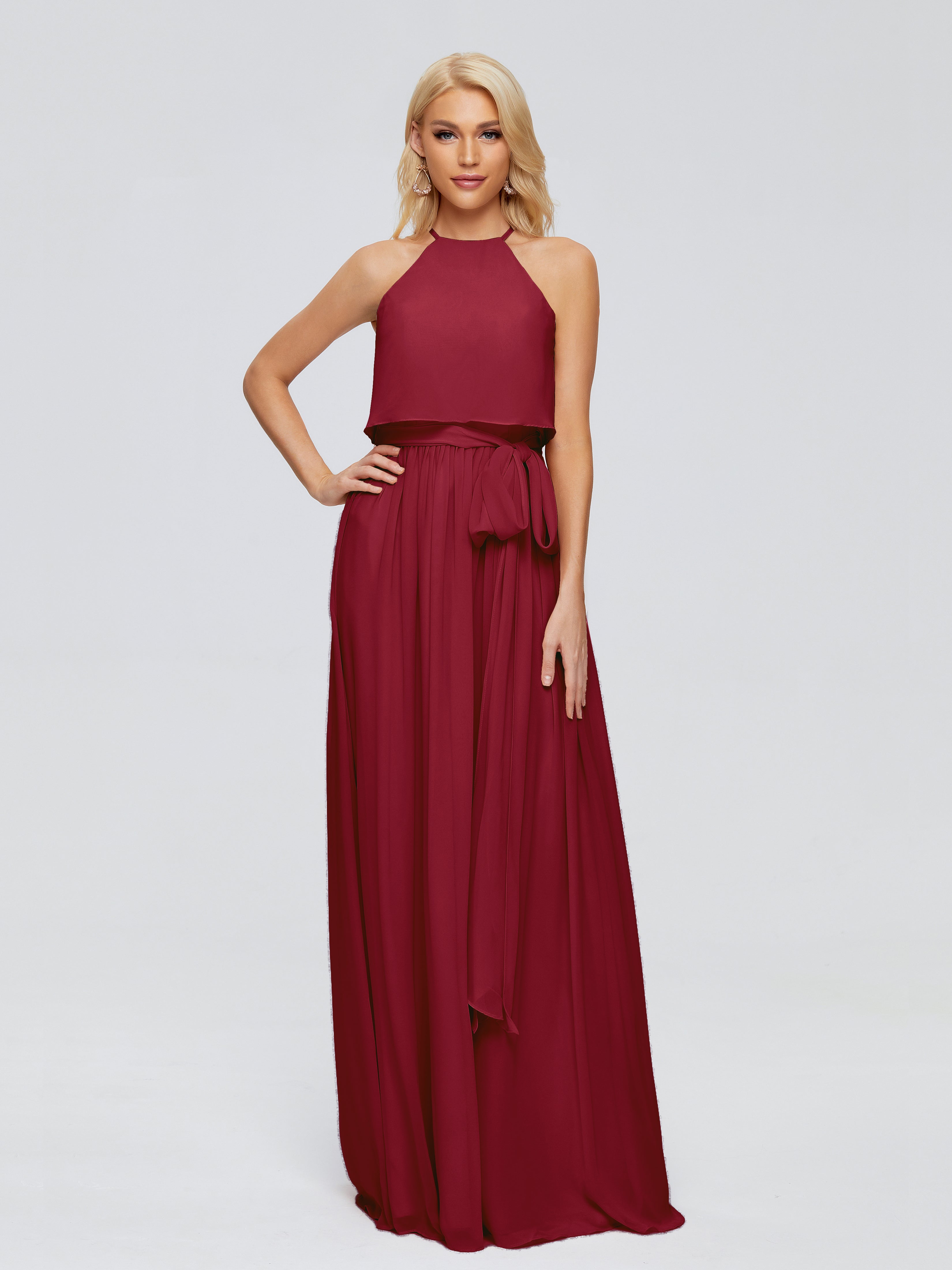 Robe Demoiselle D Honneur Bordeaux Trapèze Licou Mousseline Robes Demoiselle D'Honneur