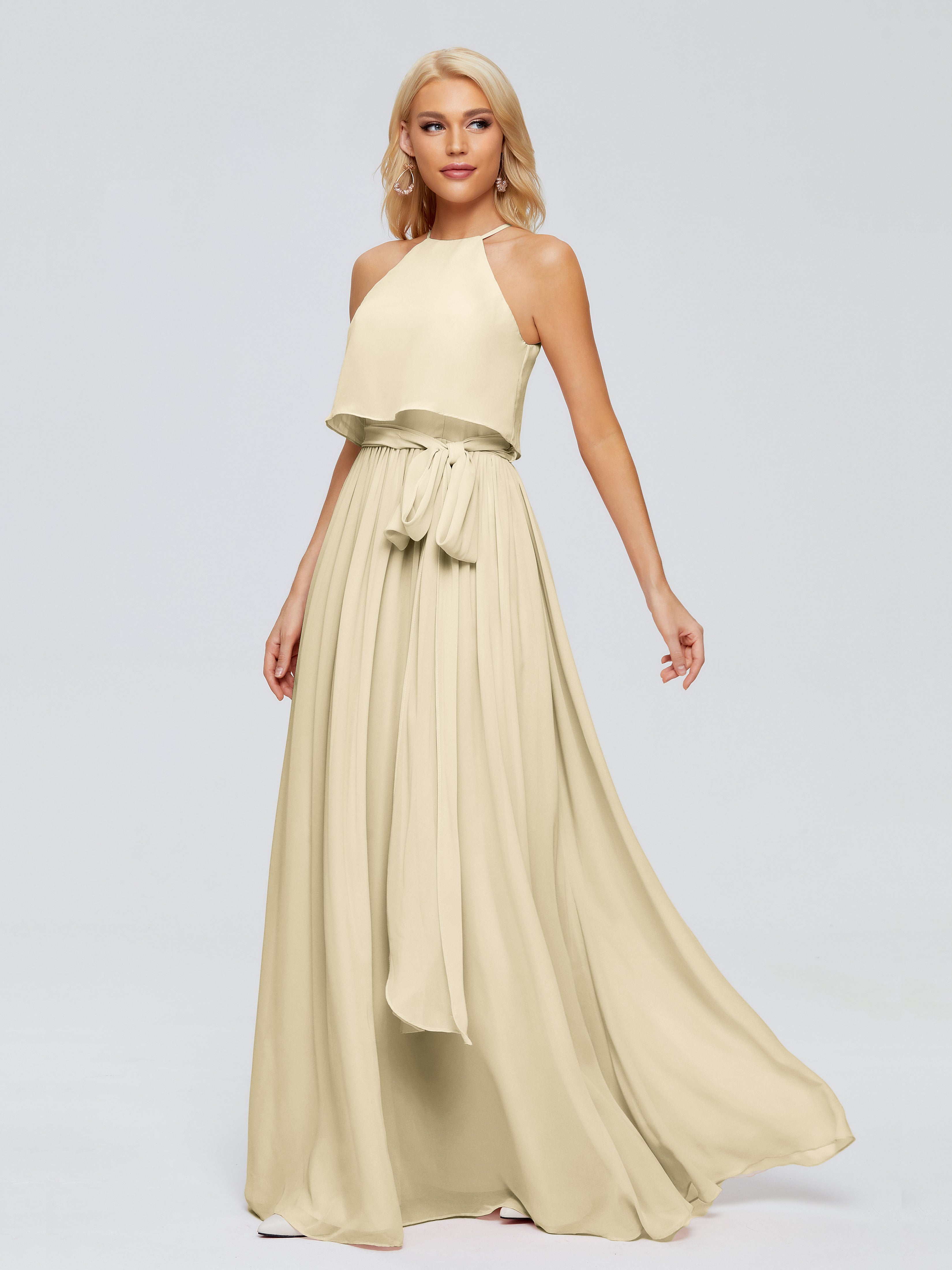 Robe Demoiselle D Honneur Couleur Champagne Trapèze Licou Mousseline Robes Demoiselle D'Honneur